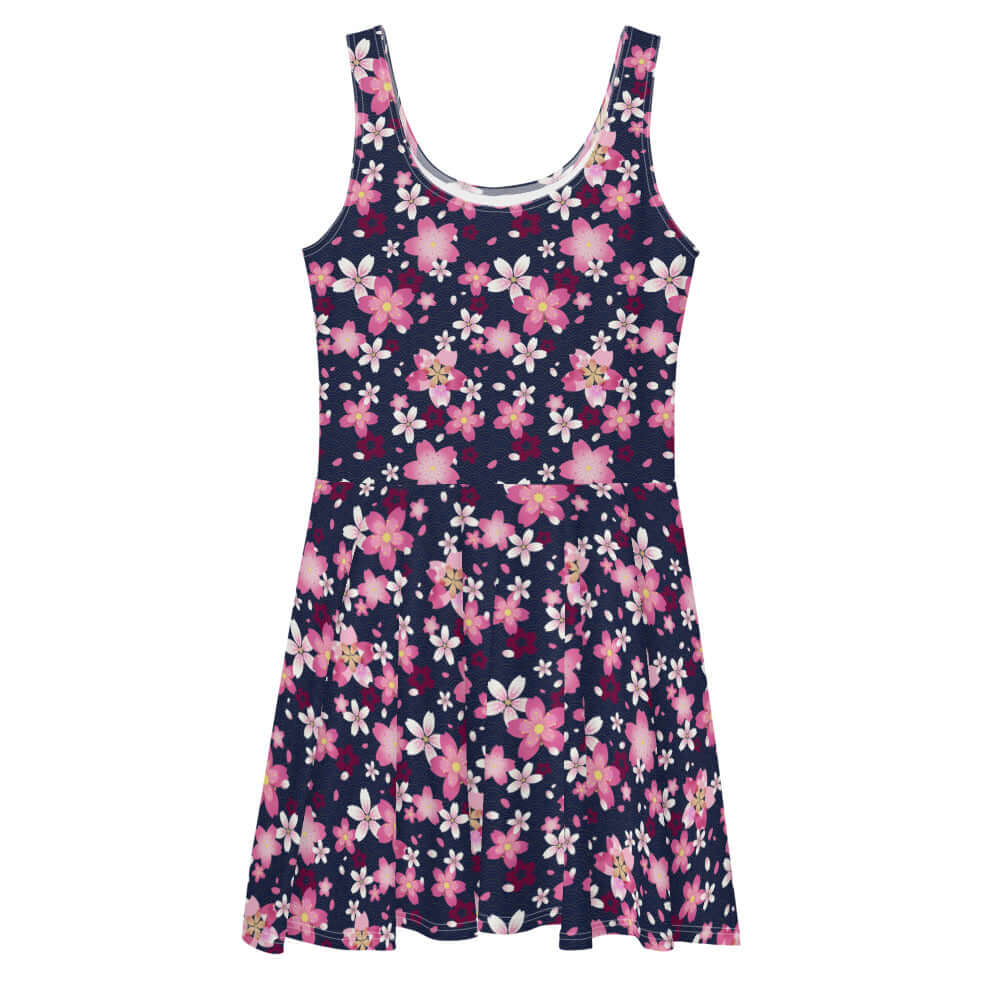 Sakura Skater Dress featuring a vibrant floral print, perfect for sunny outings and springtime cheer.