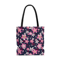 Charming Sakura Tote Bag (Indigo) featuring pink blossoms on a dark background, perfect for any kawaii aesthetic.