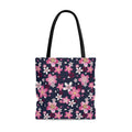 Stylish Sakura Tote Bag (Indigo) featuring vibrant floral patterns, perfect for adding a kawaii touch to any outfit.