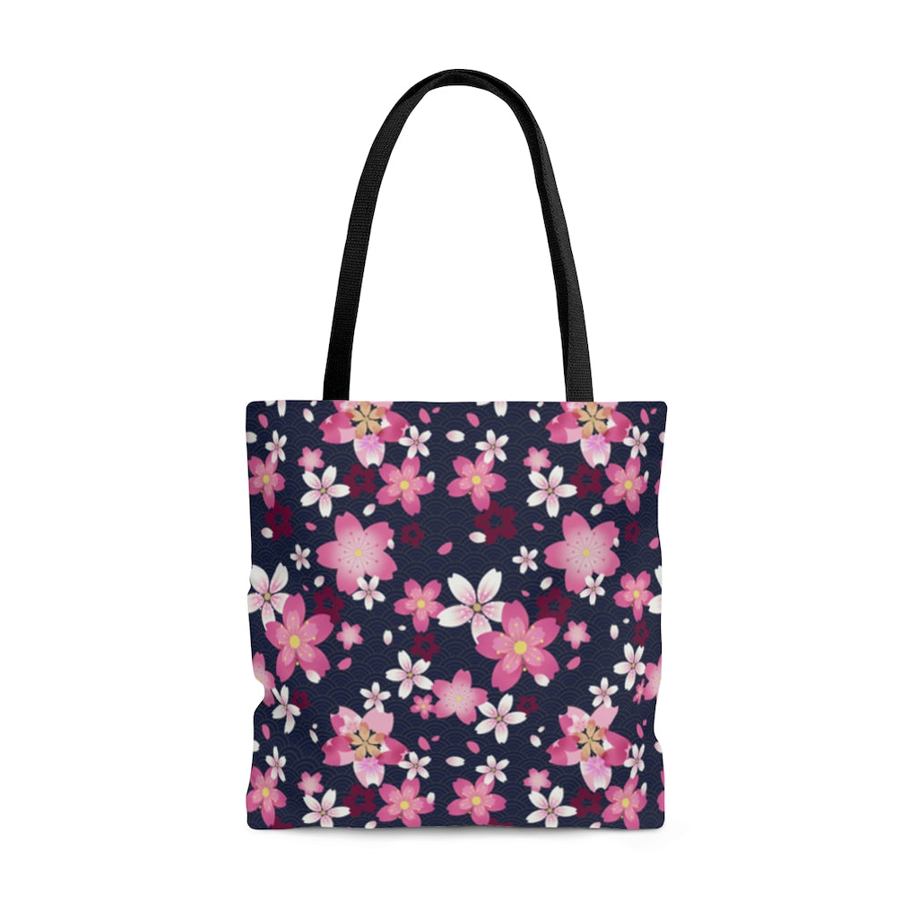 Stylish Sakura Tote Bag (Indigo) featuring vibrant floral patterns, perfect for adding a kawaii touch to any outfit.