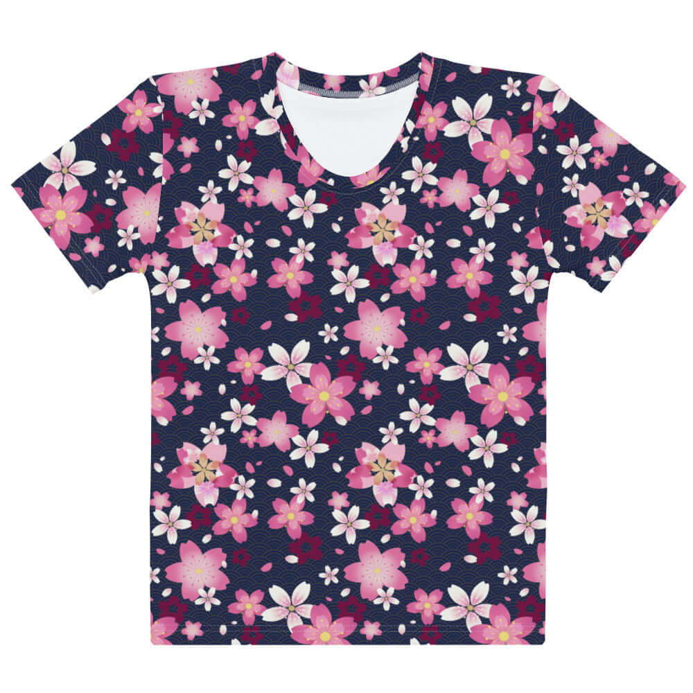 Sakura T-shirt features a vibrant floral pattern, perfect for spring outings and everyday comfort.