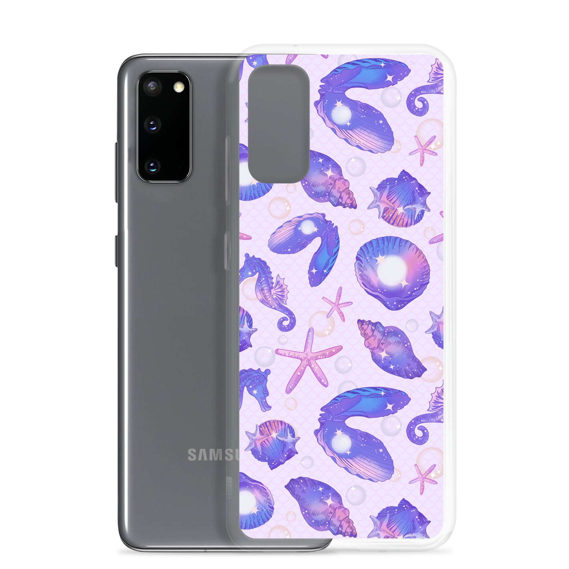 Stylish Sea Princess Samsung® Clear Case featuring seashells and stars, perfect for protecting your phone elegantly.