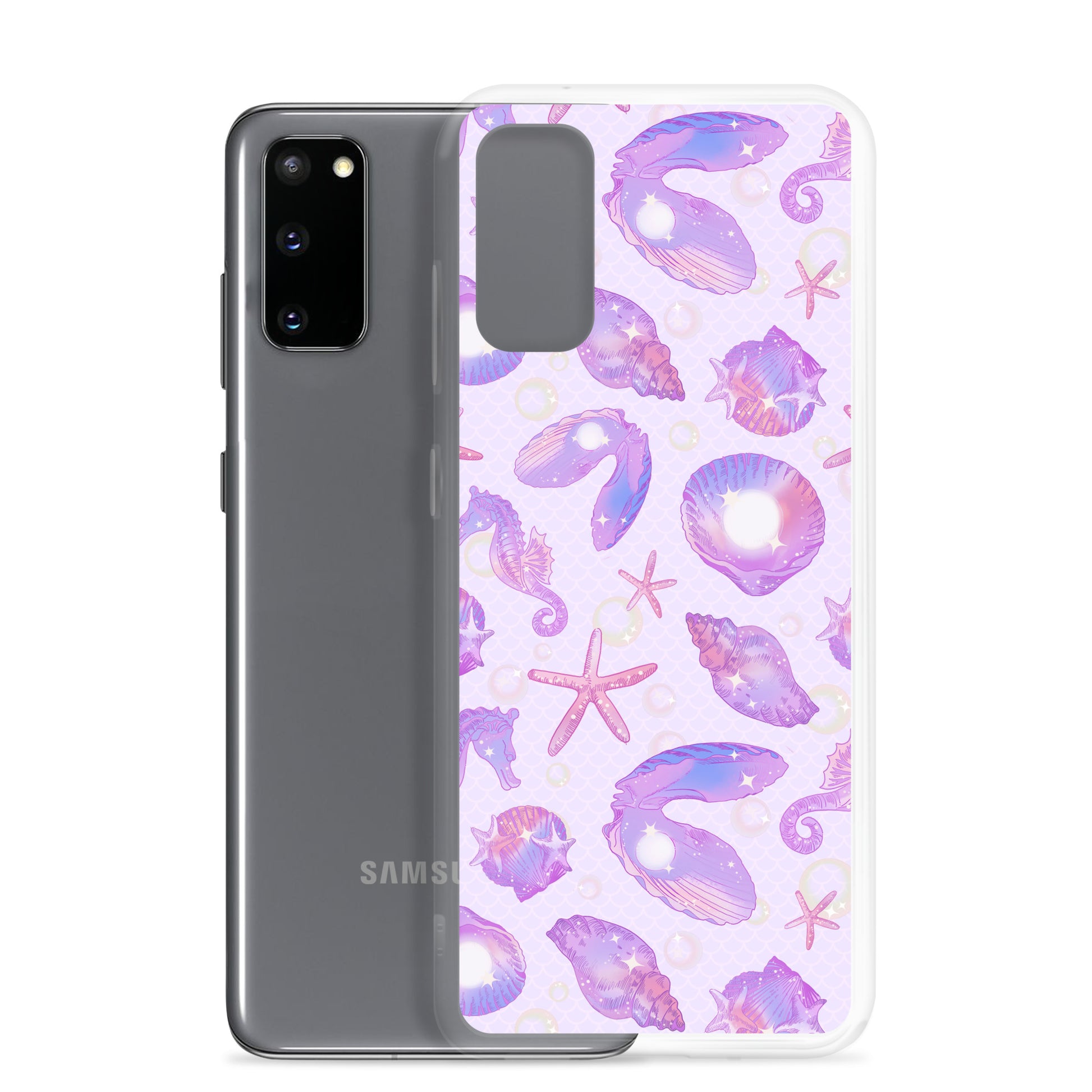 Stylish Sea Princess Samsung® Clear Case showcases seashells and stars, offering protection and elegance for your phone.