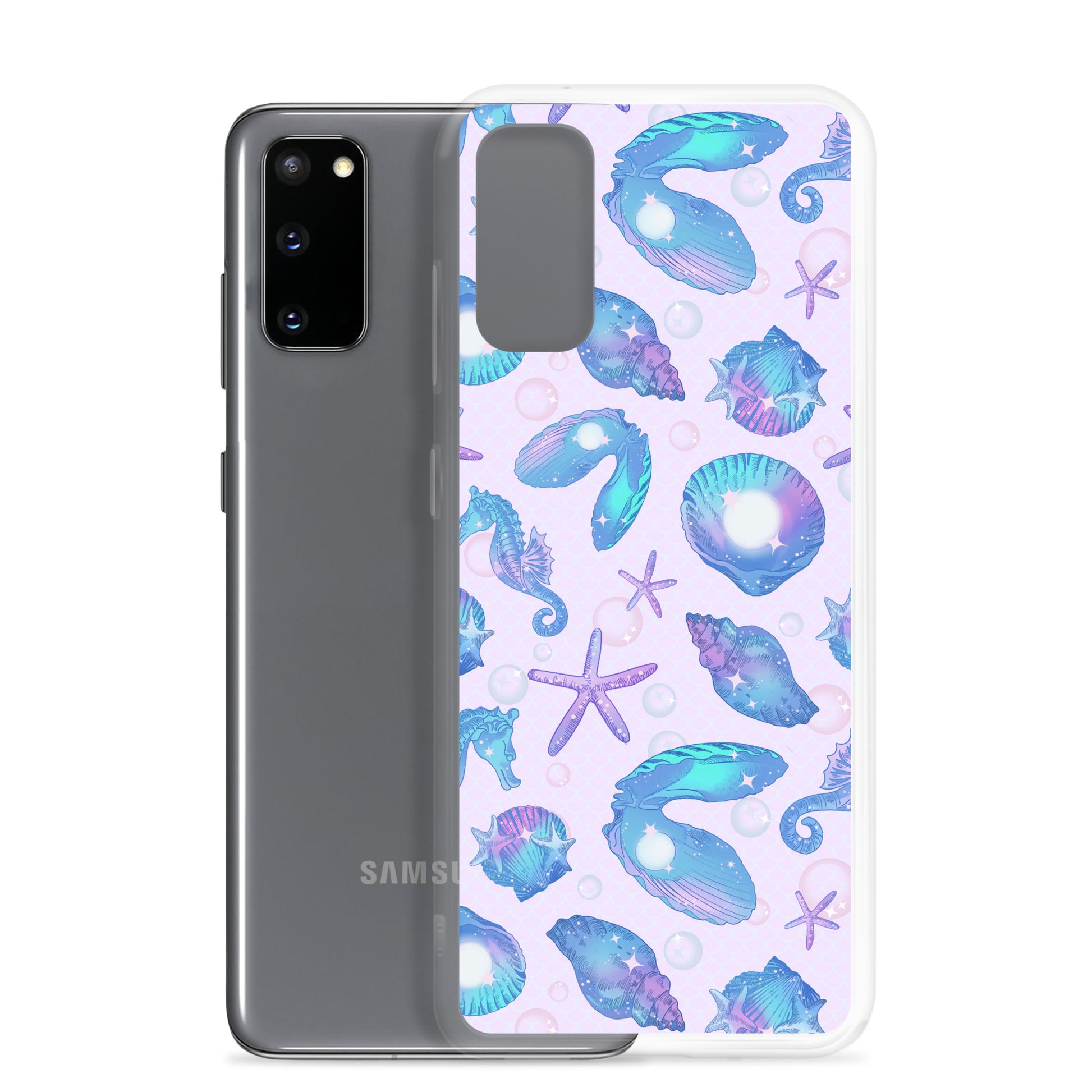 Stylish Sea Princess Samsung® Clear Case featuring seashells and sparkles, perfect for protecting your phone in style.