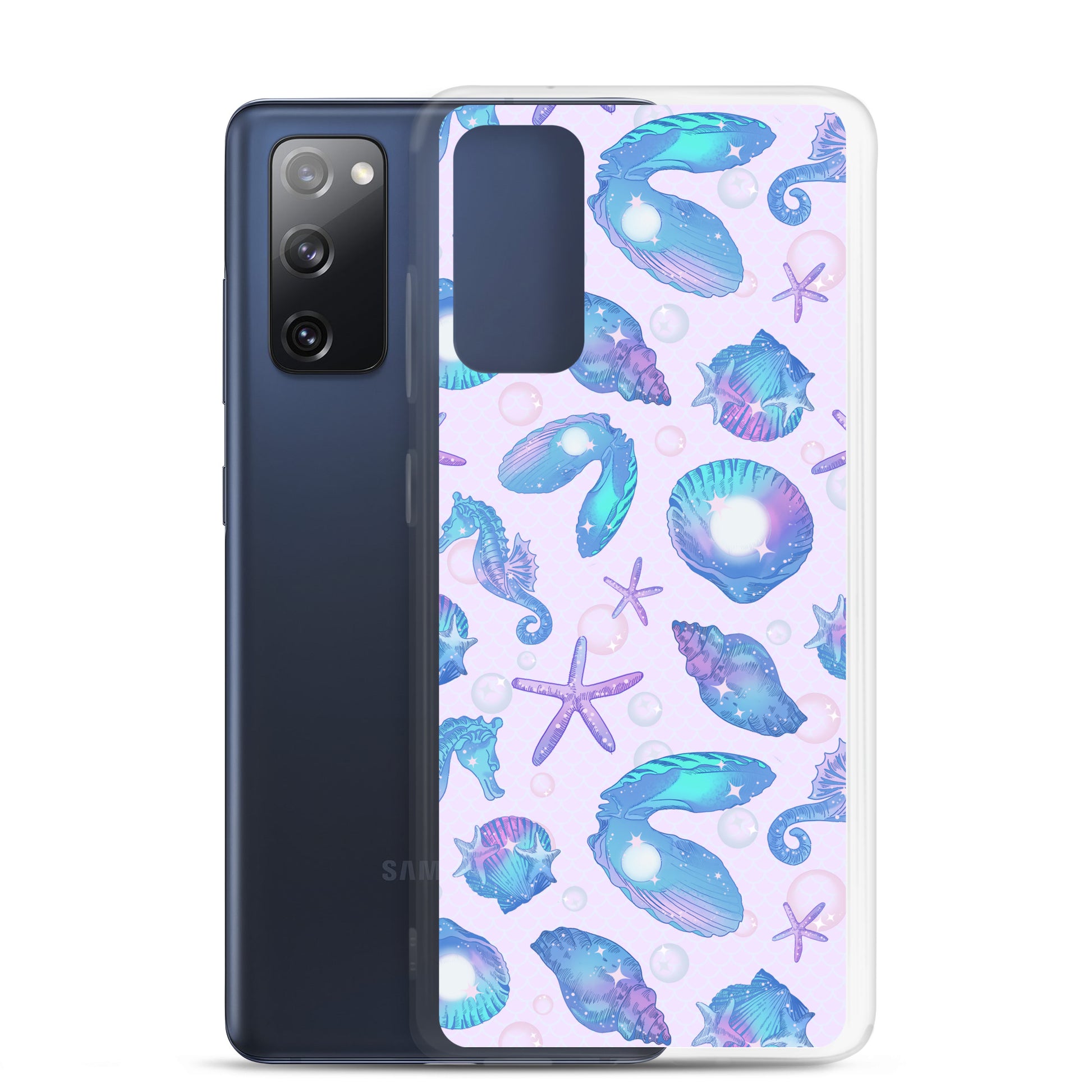 Stylish Sea Princess Samsung® Clear Case featuring seashells and sparkles, perfect for protecting your phone.