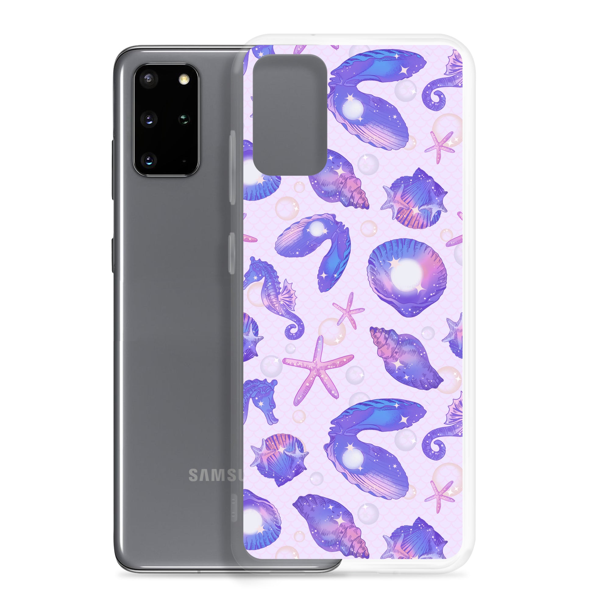 Stylish Sea Princess Samsung® Clear Case featuring seashells and sparkles, perfect for protecting your device in style.