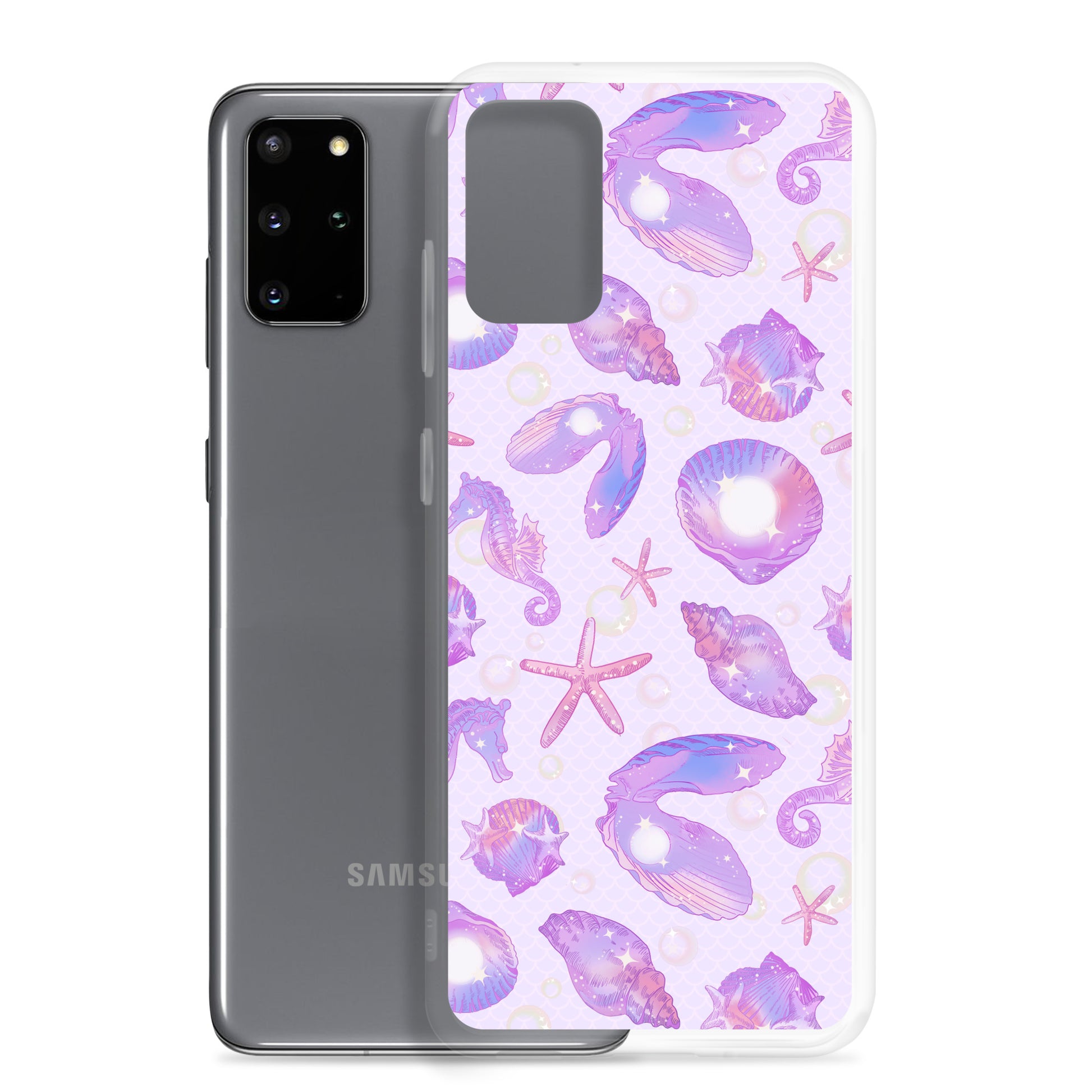 Protect your phone in style with the Sea Princess Samsung® Clear Case, featuring seashells and sparkles.