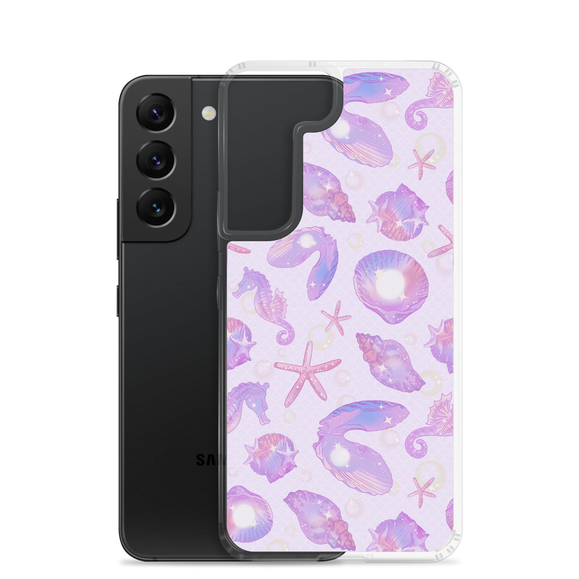 Stylish Sea Princess Samsung® Clear Case with seashell design, protecting your phone while adding a touch of sparkle.