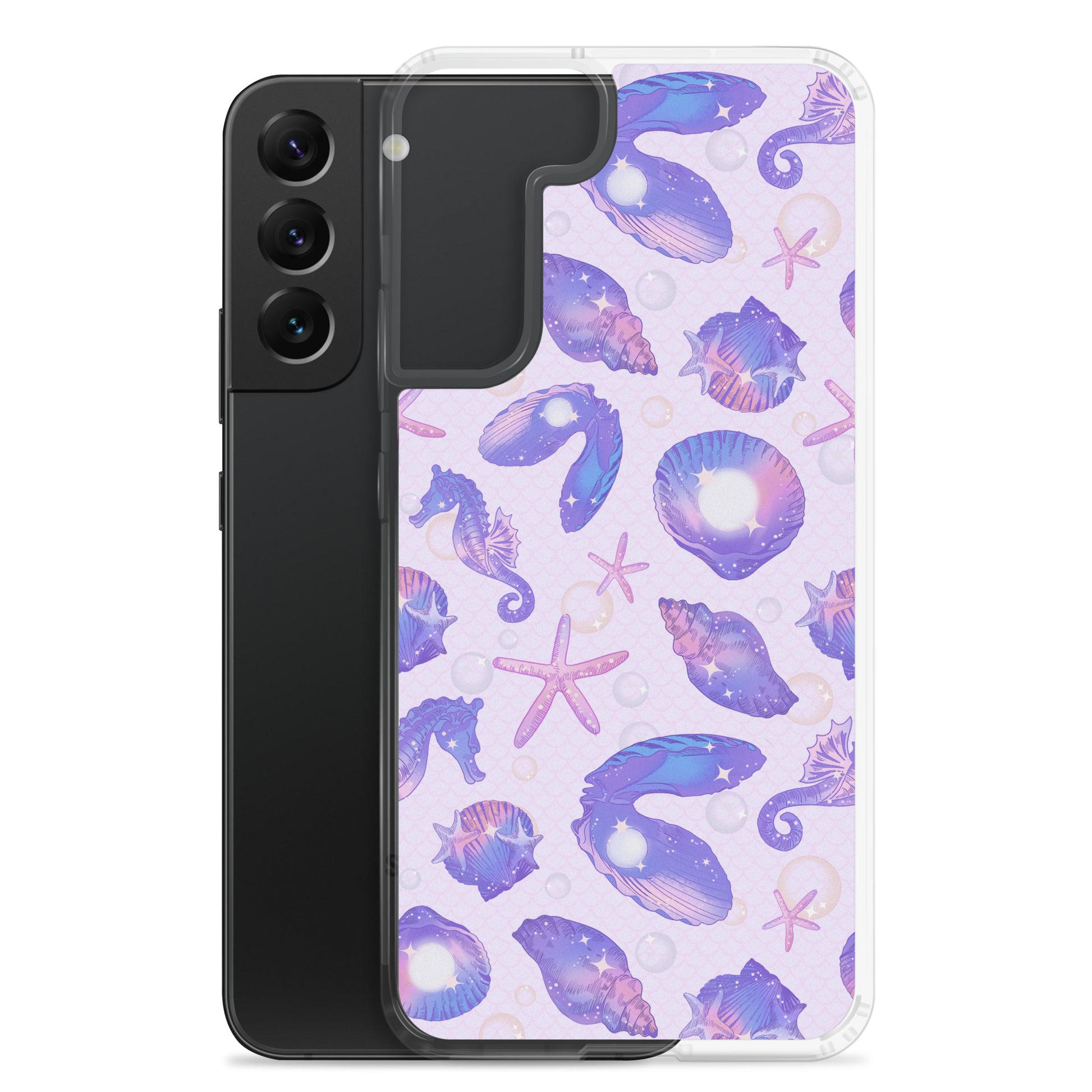 Stylish Sea Princess Samsung® Clear Case featuring seashells and stars, perfect for protection and sparkle on your phone.