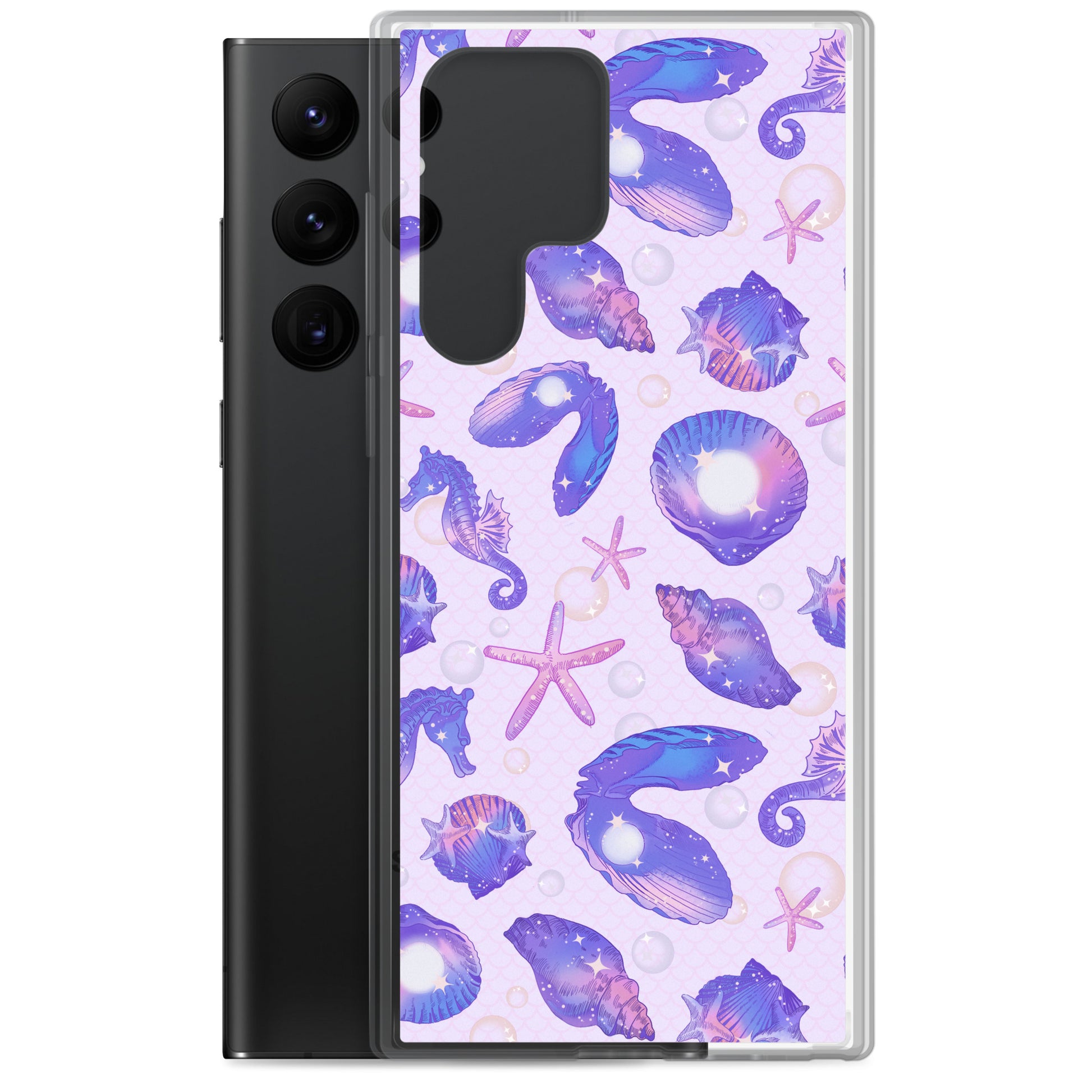 Stylish Sea Princess Samsung® Clear Case featuring seashells and sparkles, perfect for protecting your phone in style.
