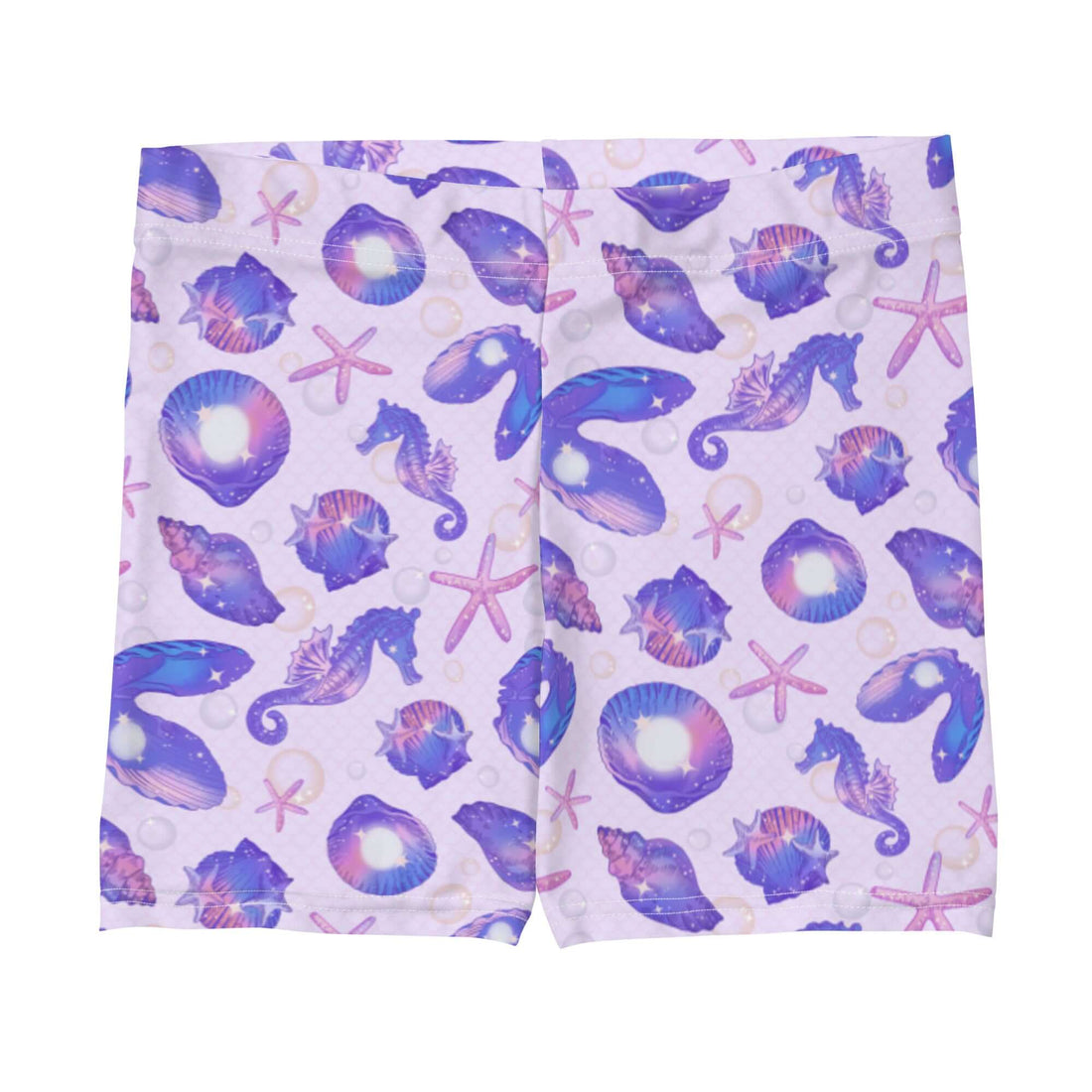 Stylish Sea Princess Shorts featuring a vibrant seashell print, perfect for beach runs and summer fun.