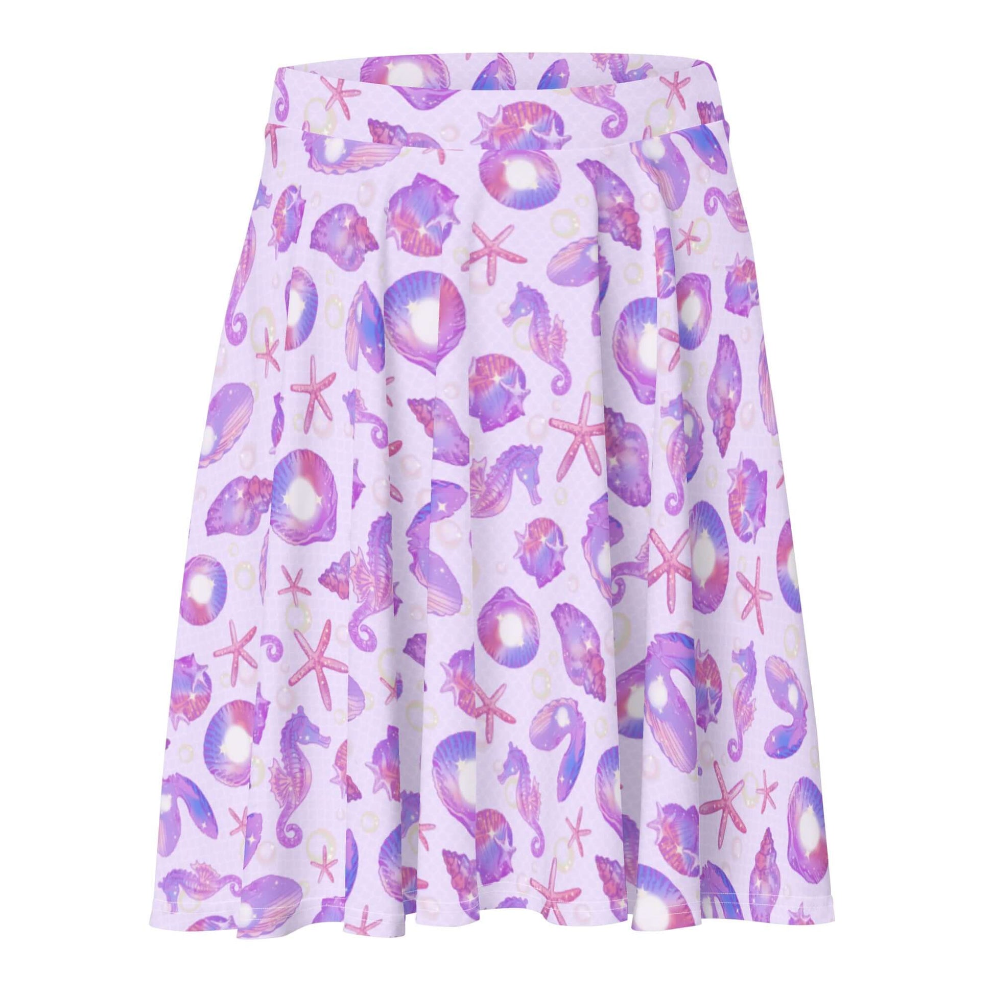 Flatter your figure in the Sea Princess Skater Skirt adorned with seashells, stars, and vibrant colors.