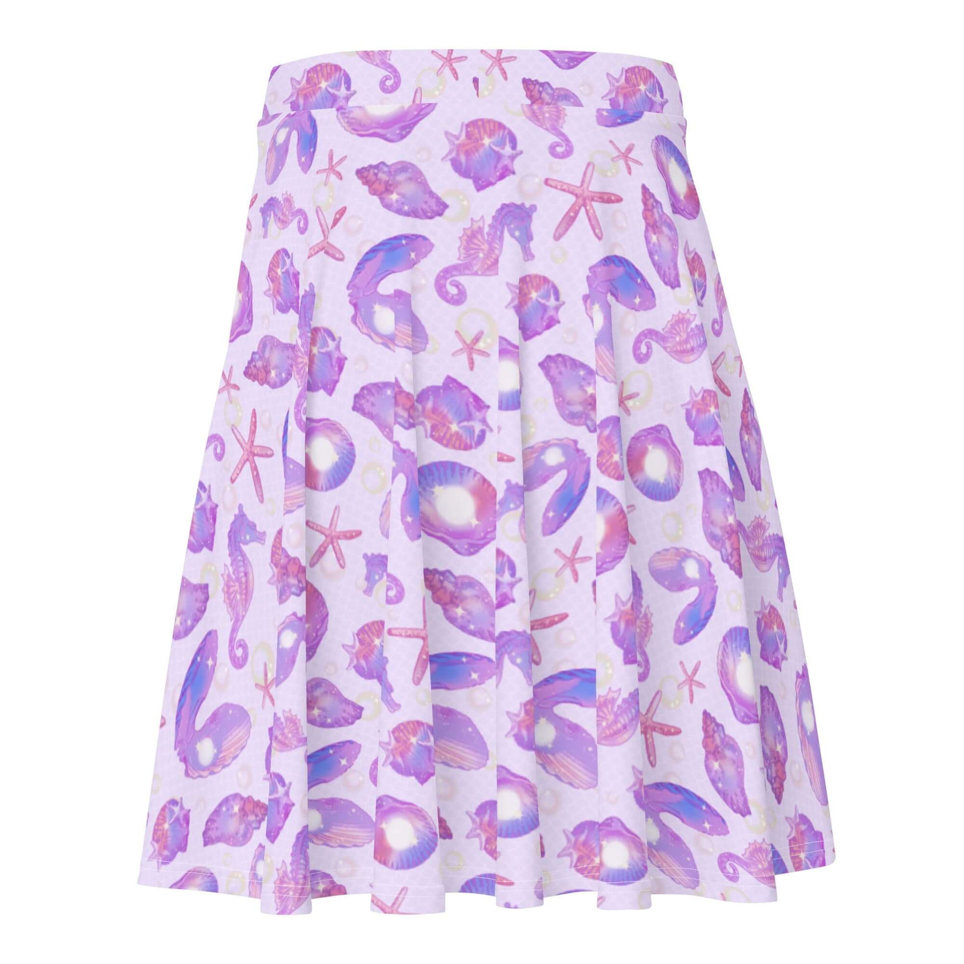Sea Princess Skater Skirt features a playful seashell print, perfect for mermaid-inspired outfits from your favorite store.