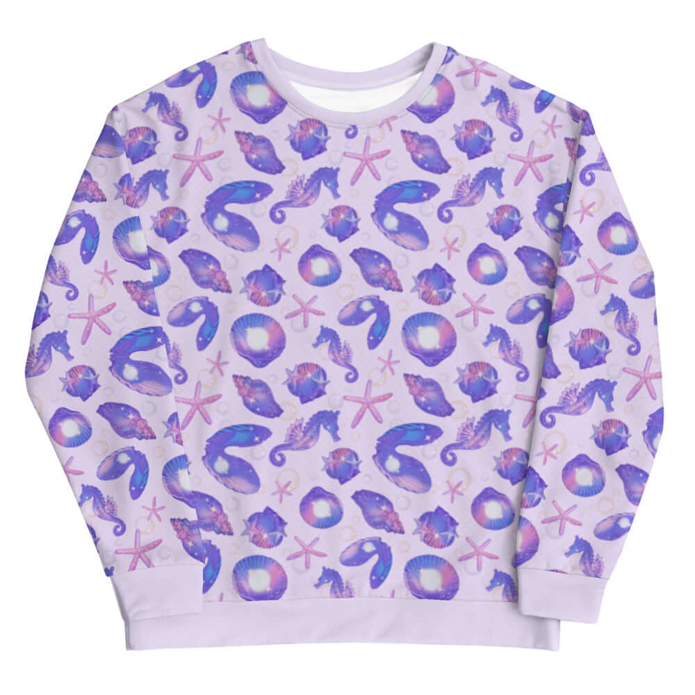 Stylish Sea Princess Sweatshirt featuring colorful seashells and seahorses for a whimsical, mermaid-inspired look.