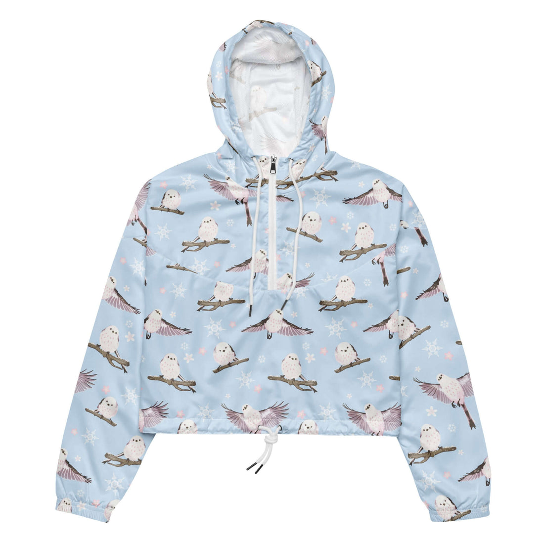 Stylish Snow Bird cropped windbreaker in light blue, featuring adorable snowy owl print and adjustable drawcords.