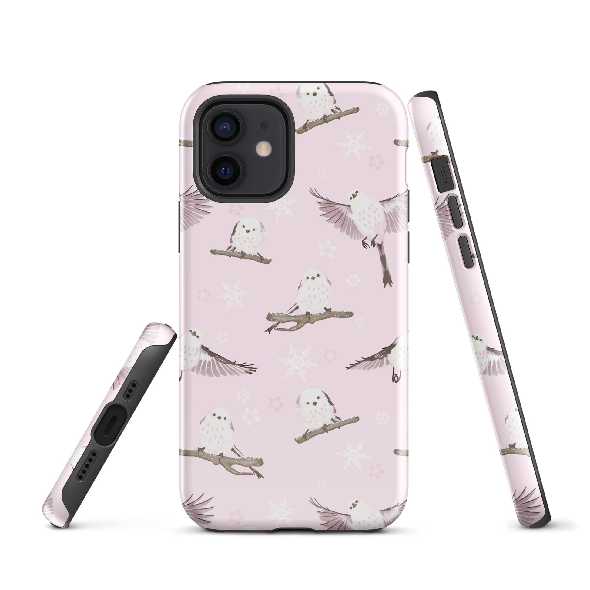 Stylish Snow Bird iPhone® Tough Case featuring cute birds and snowflakes for durable, year-round protection.