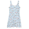 Sleeveless Snow Bird Skater Dress features a pastel bird print, perfect for winter occasions. Soft and stylish!