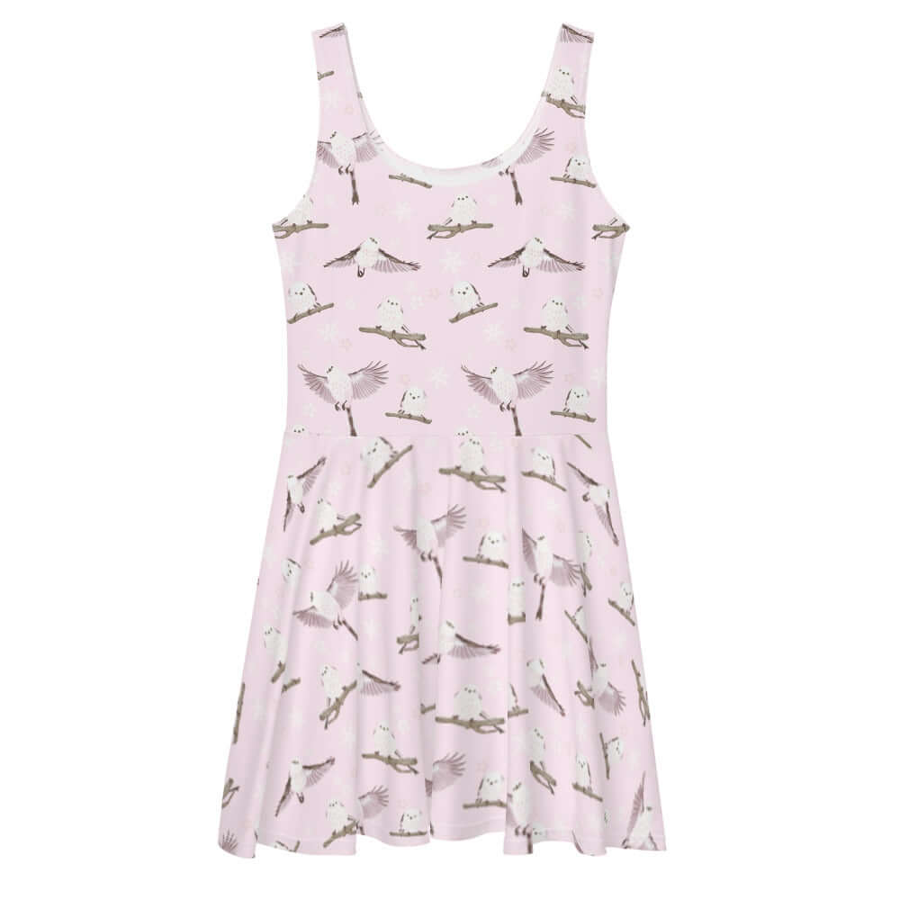 Soft pastel Snow Bird Skater Dress featuring a flared skirt and adorable bird print, perfect for winter wear.