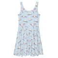 Snow Bird Skater Dress features a pastel bird print and flared skirt, perfect for winter outings.