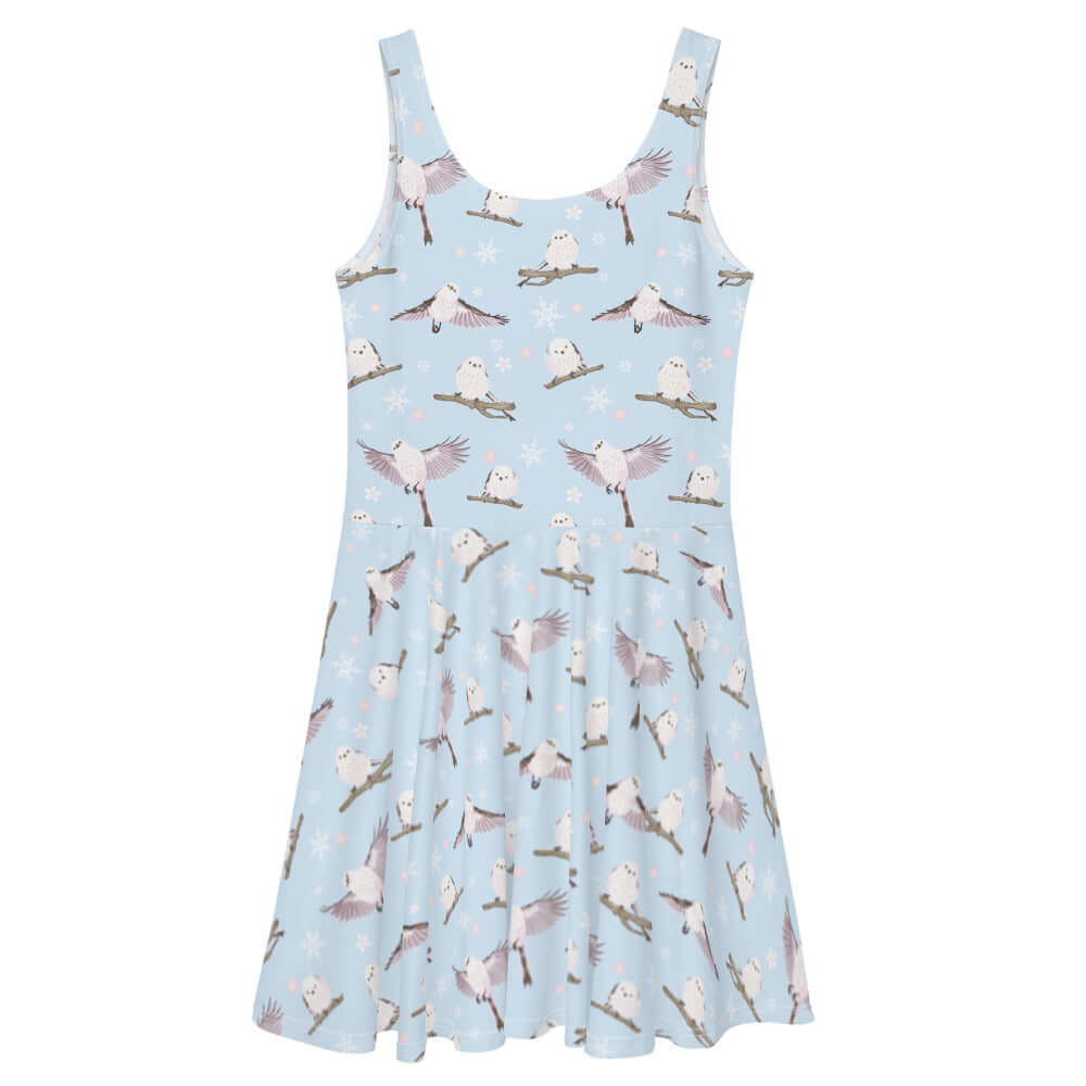 Snow Bird Skater Dress features a pastel bird print and flared skirt, perfect for winter outings.