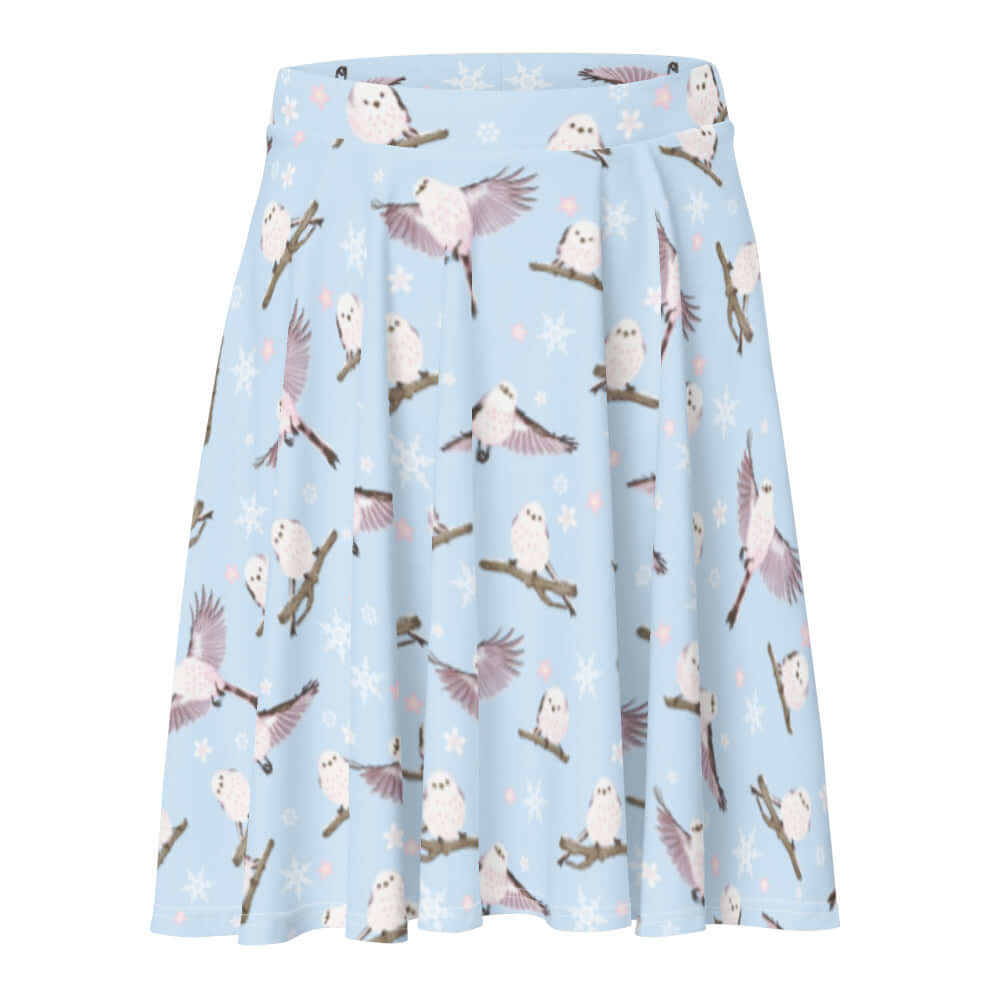 Charming Snow Bird Skater Skirt in soft pastels, perfect for winter styling with an adorable bird print.