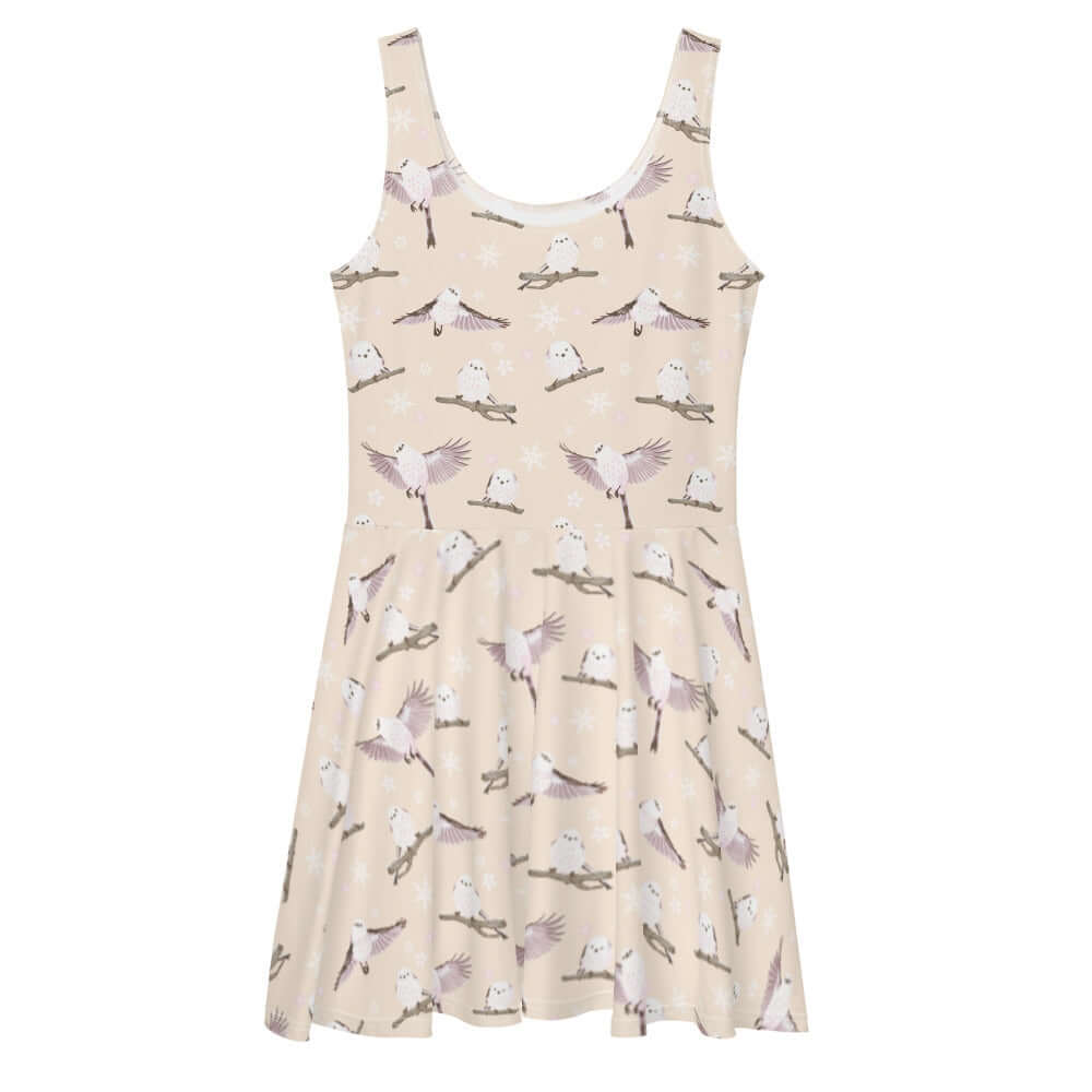 Stylish Snow Bird Skater Dress featuring a pastel print, perfect for winter celebrations and everyday wear.