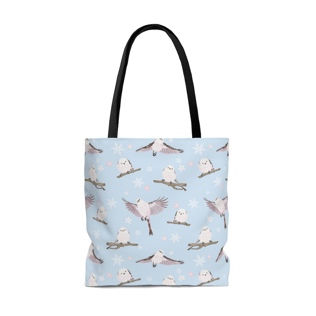Charming Snow Bird Tote Bag (Blue) adorned with pastel birds, perfect for winter outings and gatherings.