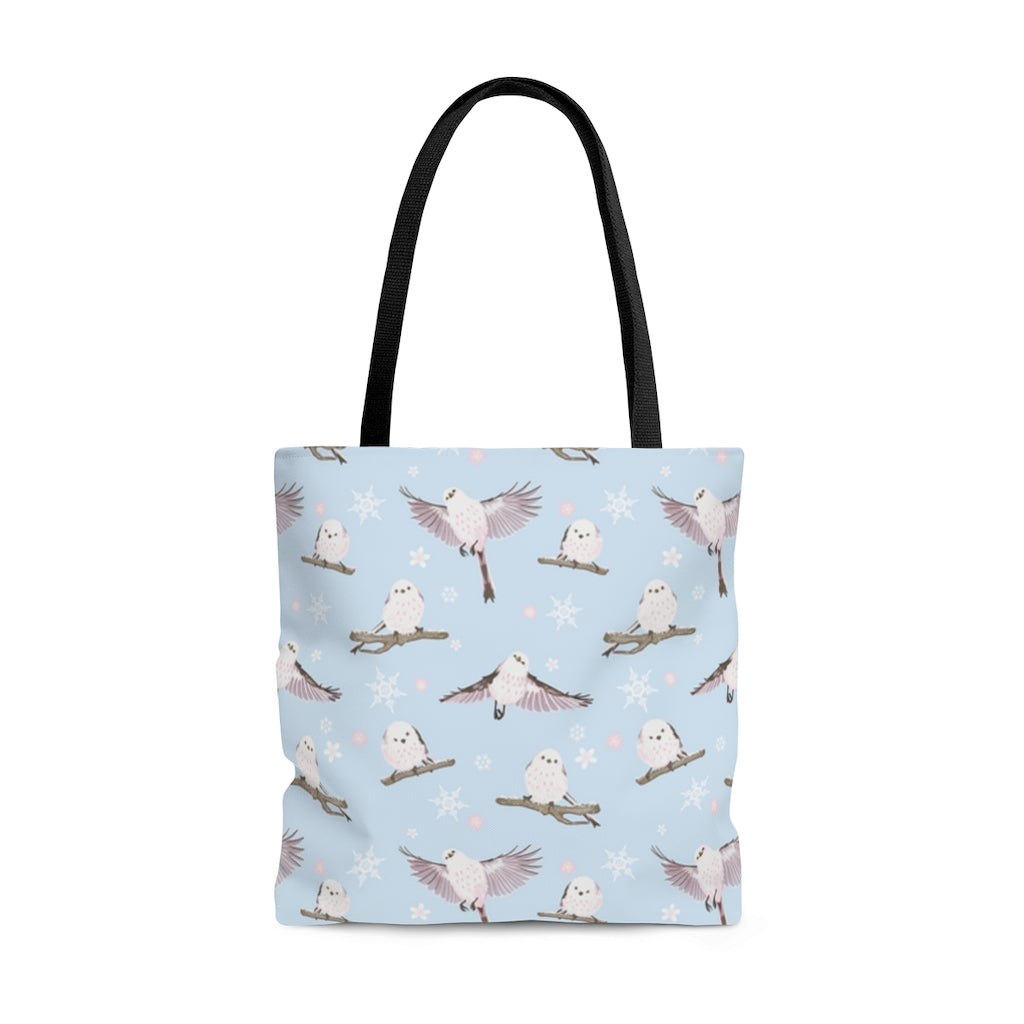 Snow Bird Tote Bag (Blue) features cute birds and snowflakes, perfect for winter outings and stylish gatherings.