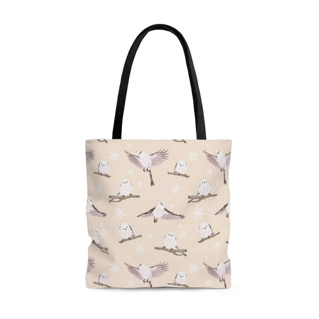 Charming Snow Bird Tote Bag (Cream) features adorable birds on a pastel background, perfect for winter outings.