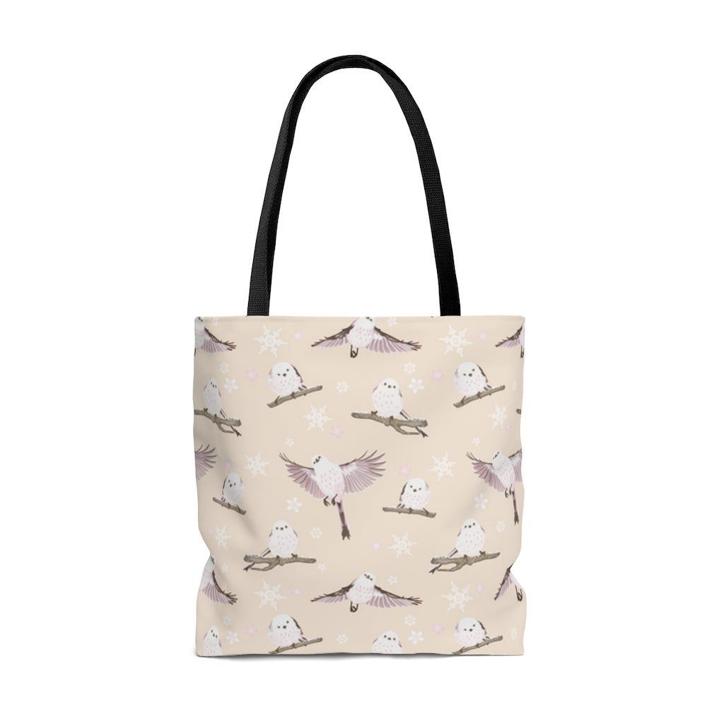 Charming Snow Bird Tote Bag (Cream) featuring adorable birds and snowflakes, perfect for winter outings and gatherings.