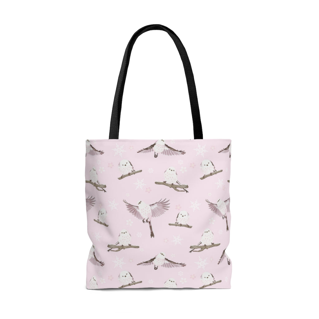 Pastel Snow Bird Tote Bag (Pink) featuring adorable birds, perfect for winter outings and gatherings.