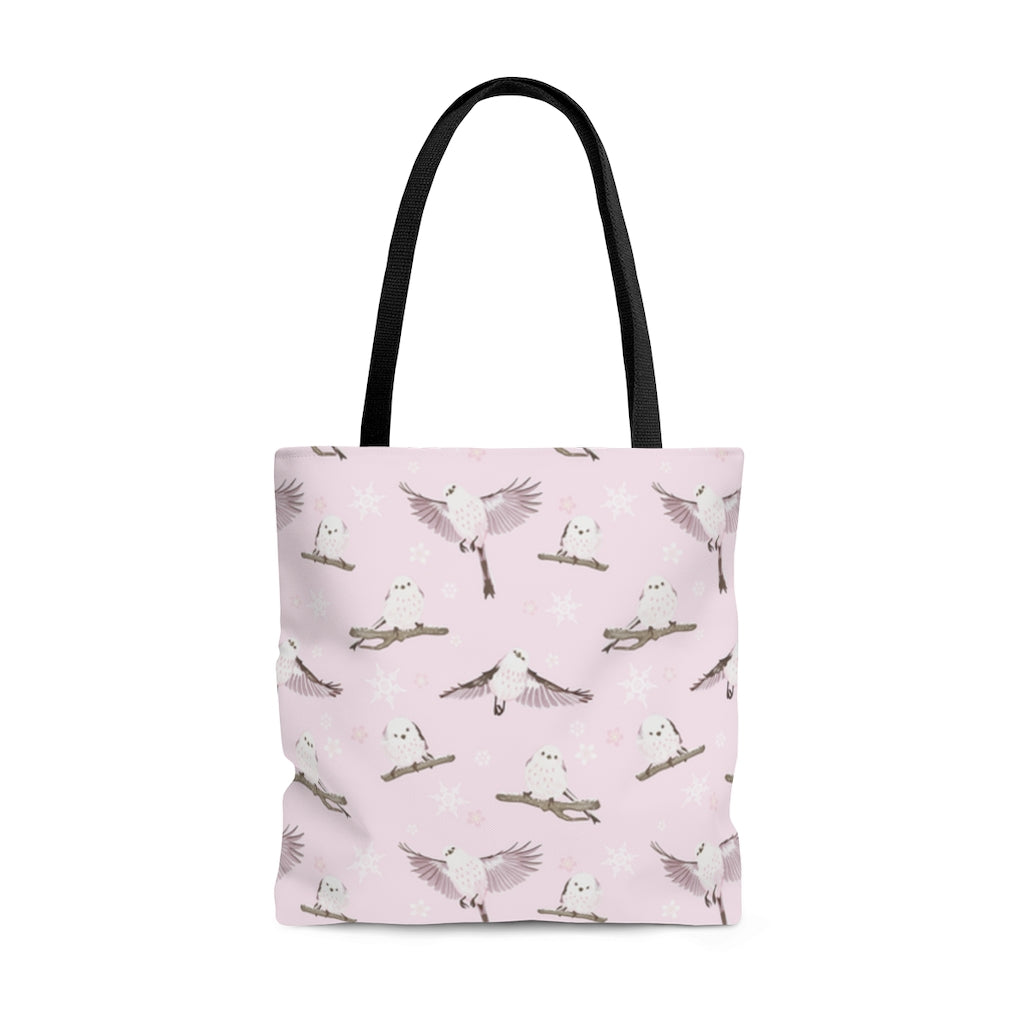 Stylish Snow Bird Tote Bag (Pink) featuring cute birds on a pastel background, perfect for winter outings.