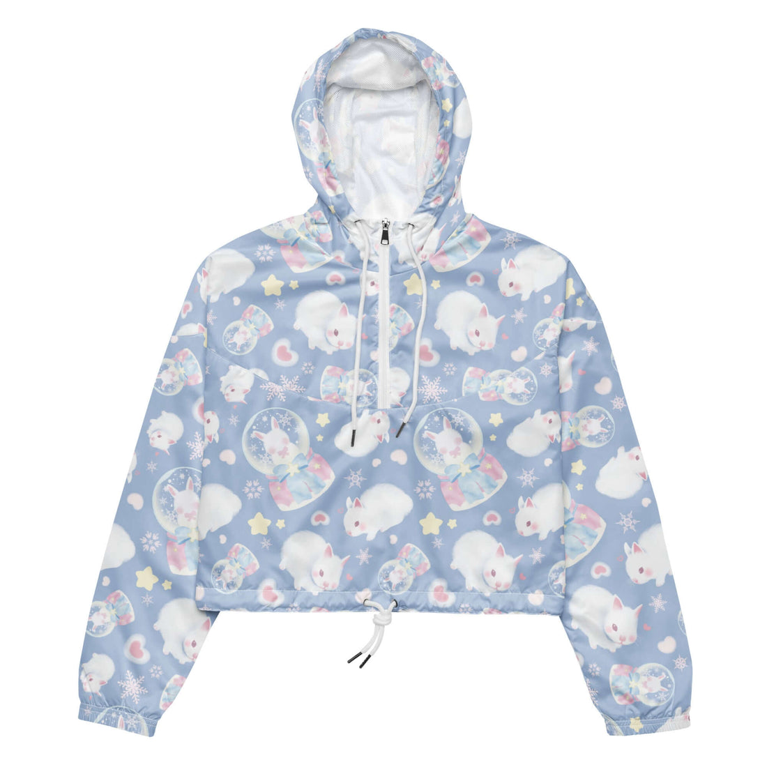 Snow Bunny cropped windbreaker offers a stylish, waterproof design with adjustable drawcords and side-slit pockets.