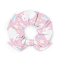 Trendy Snow Bunny Scrunchie featuring cute bunnies on a pastel background, perfect for any outfit.