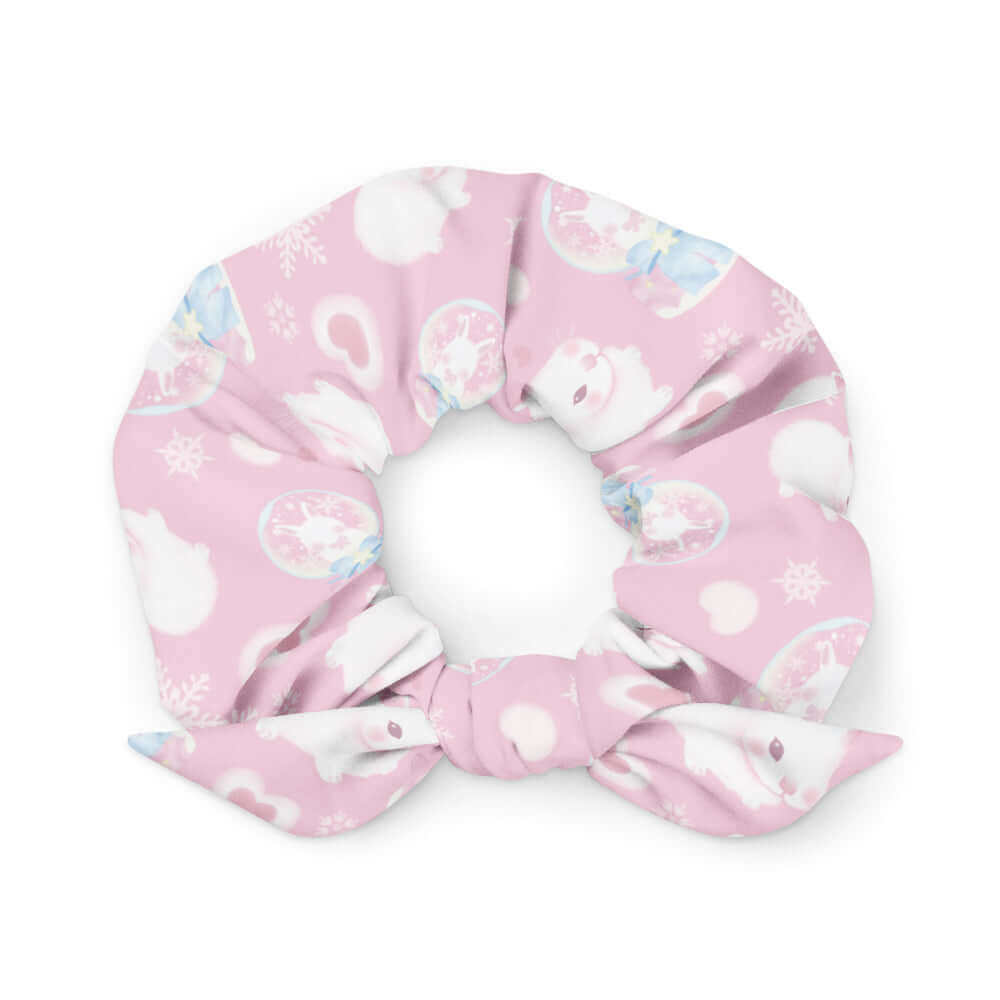 Charming Snow Bunny Scrunchie featuring playful bunnies, perfect for adding a cute touch to any pastel outfit.