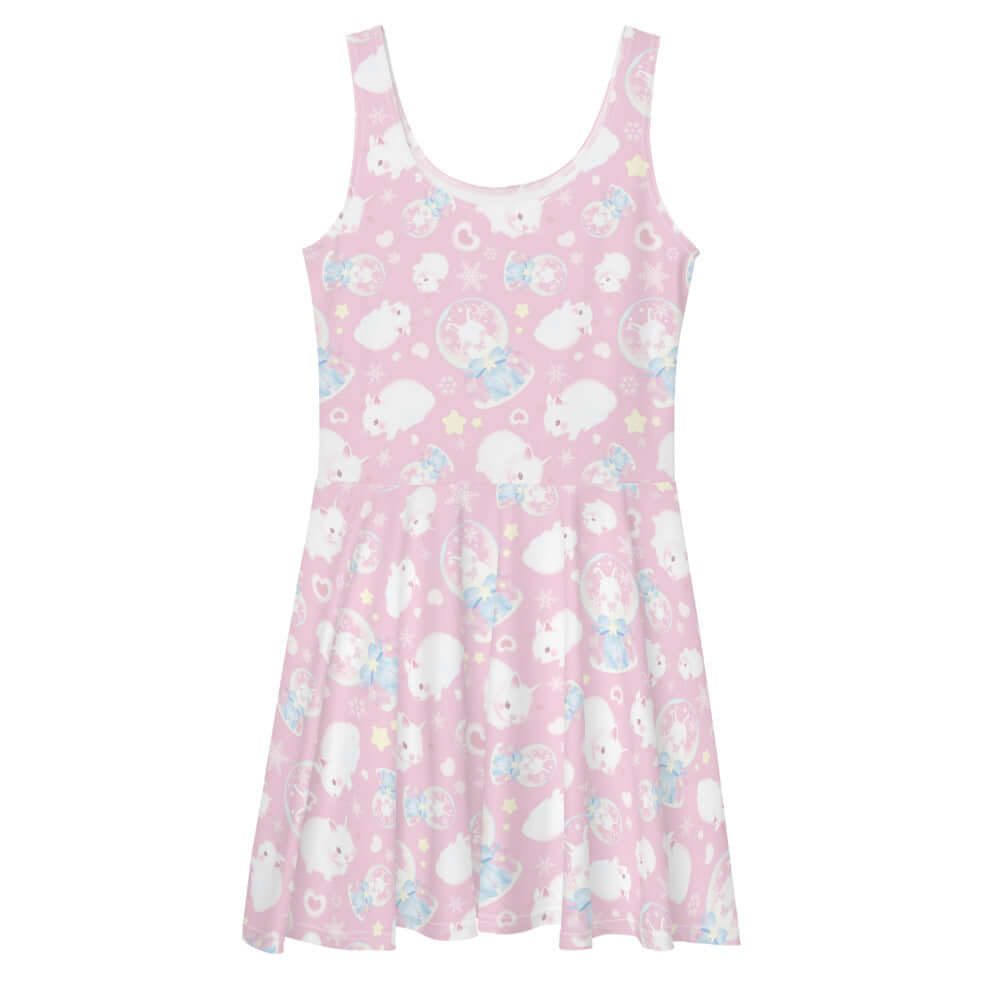 Cute Snow Bunny Skater Dress featuring fluffy bunnies, perfect for playful, girly outfits and comfortable wear.