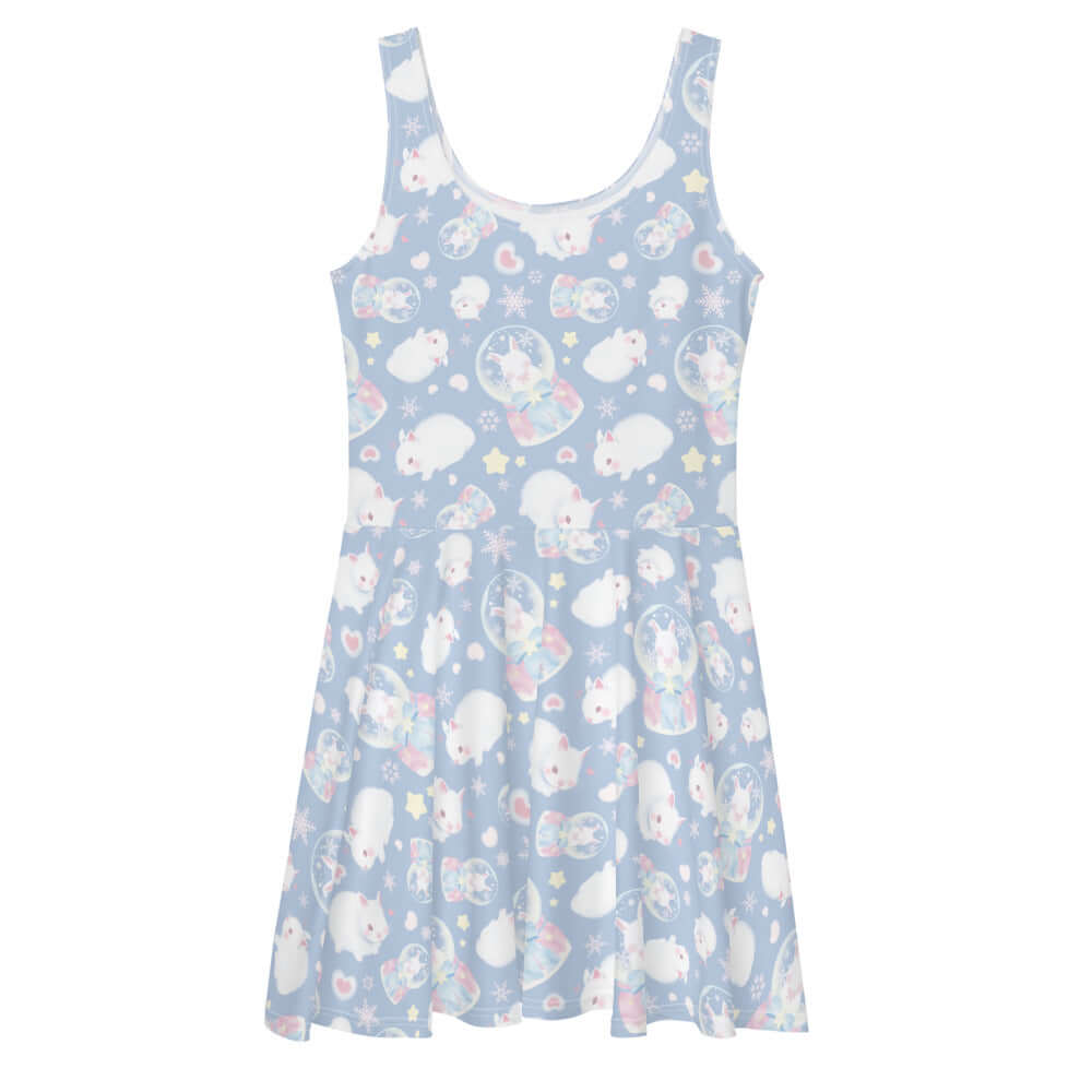 Playful Snow Bunny Skater Dress featuring fluffy bunnies, soft fabric, and a comfortable flared skirt for fun wear.