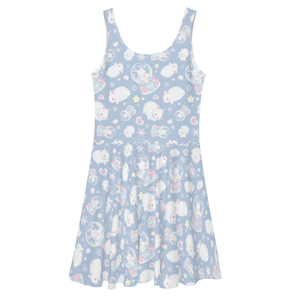 Soft and playful Snow Bunny Skater Dress featuring fluffy bunnies and a flared skirt, perfect for jumping around.