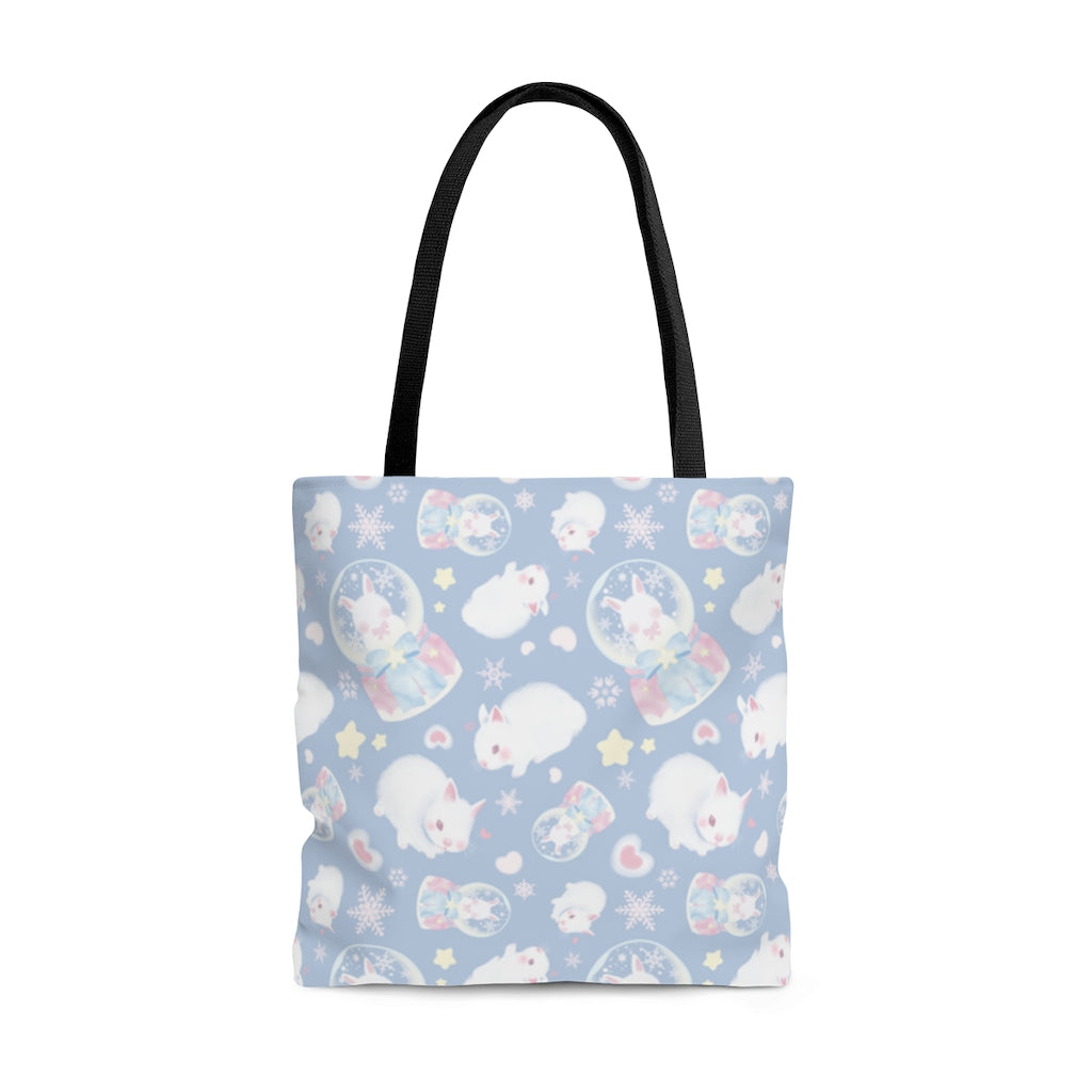 Charming Snow Bunny Tote Bag (Blue) featuring cute bunnies, perfect for pastel outfits and everyday use.