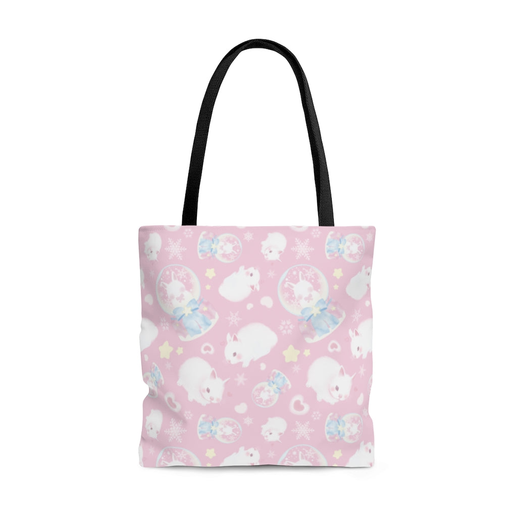 Charming Snow Bunny Tote Bag (Pink) features cute bunnies, perfect for pastel outfits and everyday use.