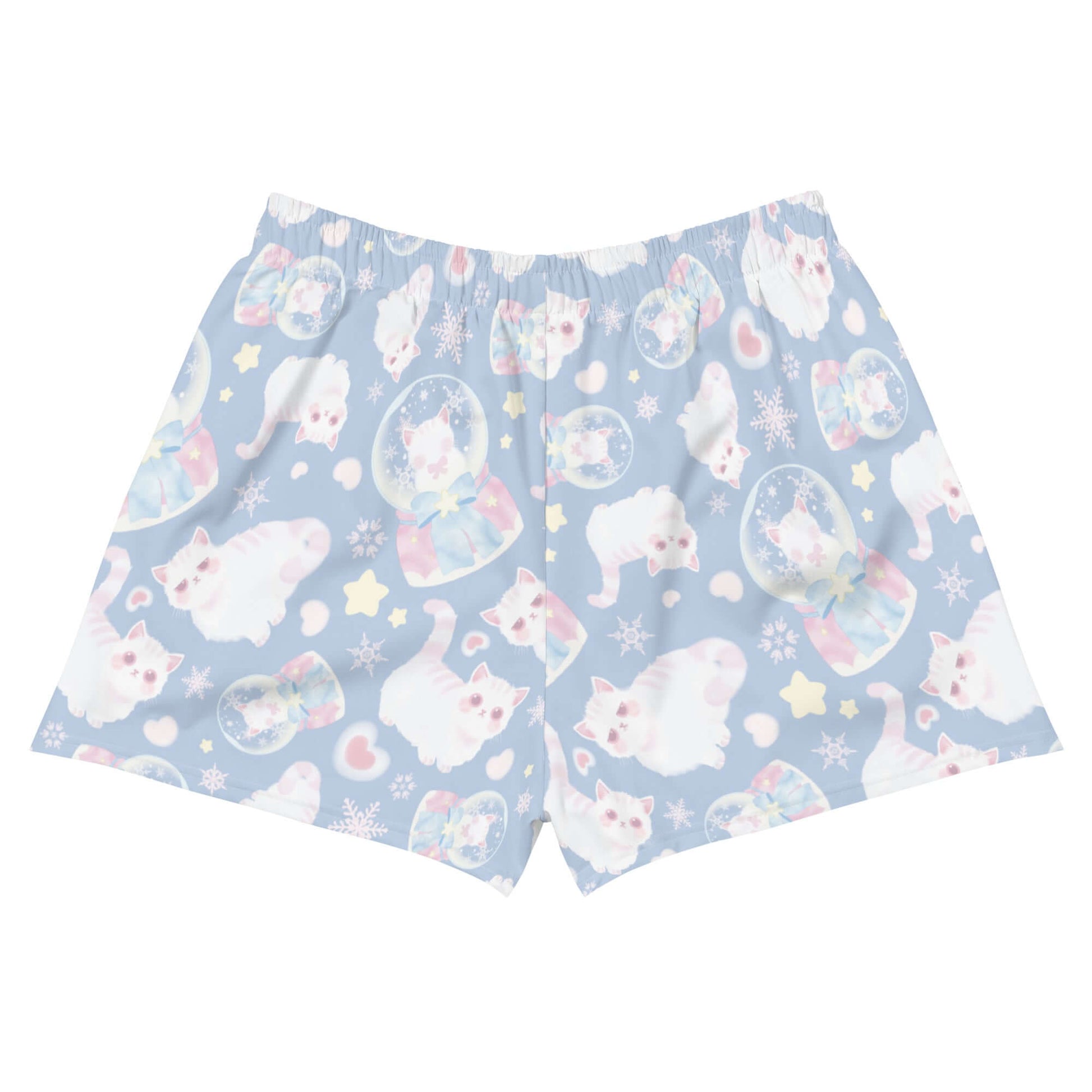 Snow Kitten Athletic Short Shorts feature a playful cat design, perfect for comfort and style with handy pockets.
