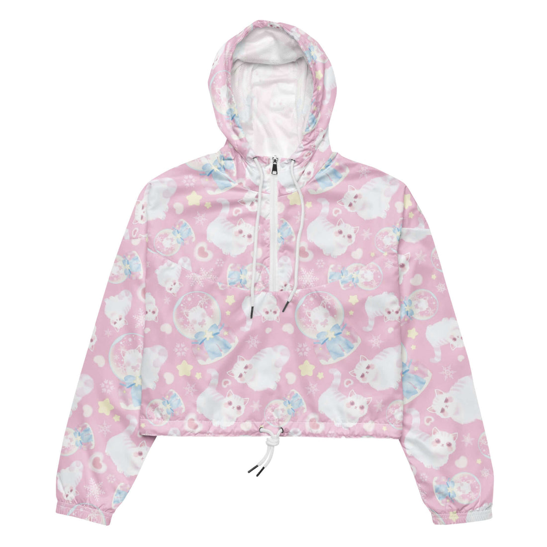 Lightweight and stylish, the Snow Kitten cropped windbreaker features a fun cat print perfect for any adventure.