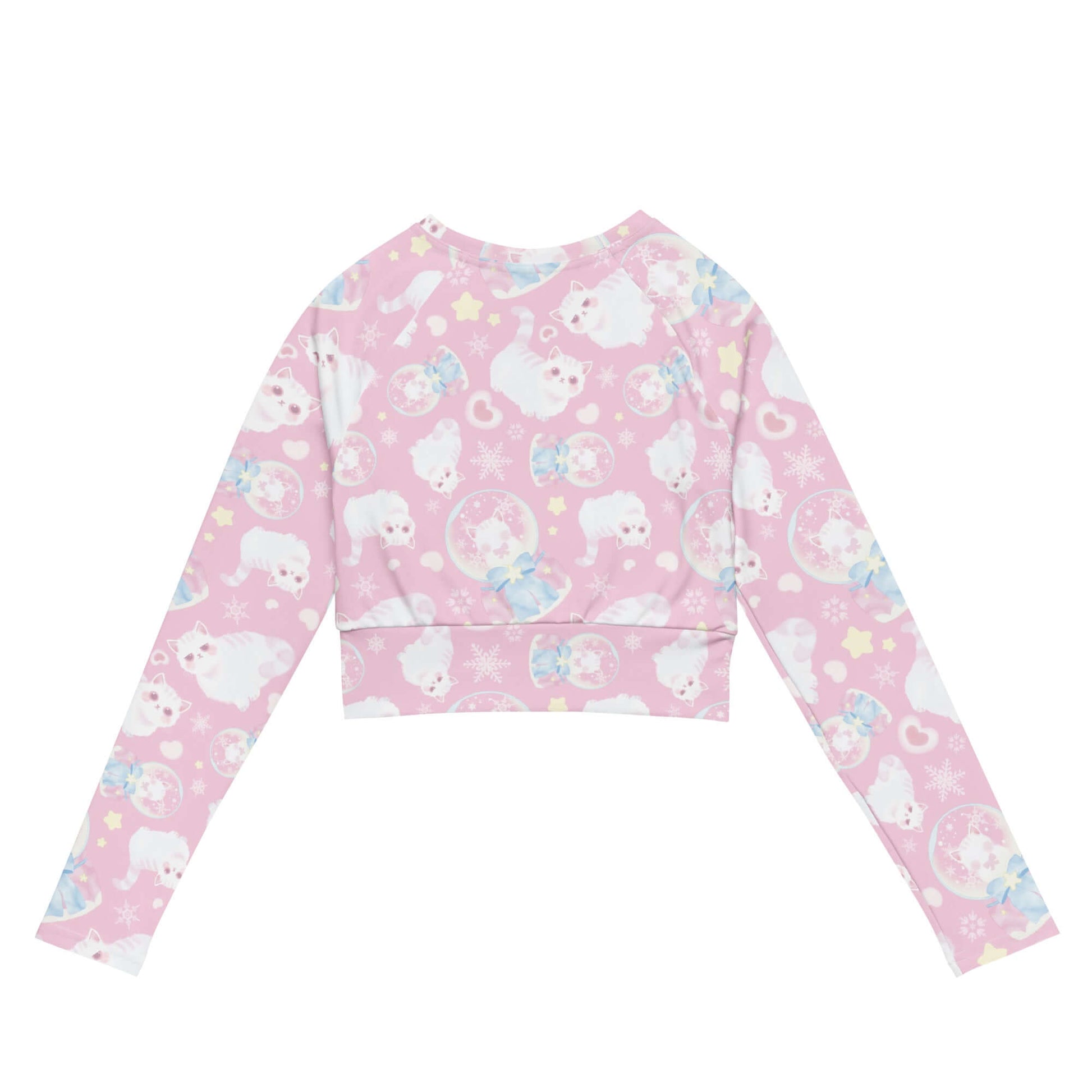 Stylish Snow Kitten Long-sleeved Crop Top featuring a cute cat print, perfect for athleisure and eco-friendly fashion.