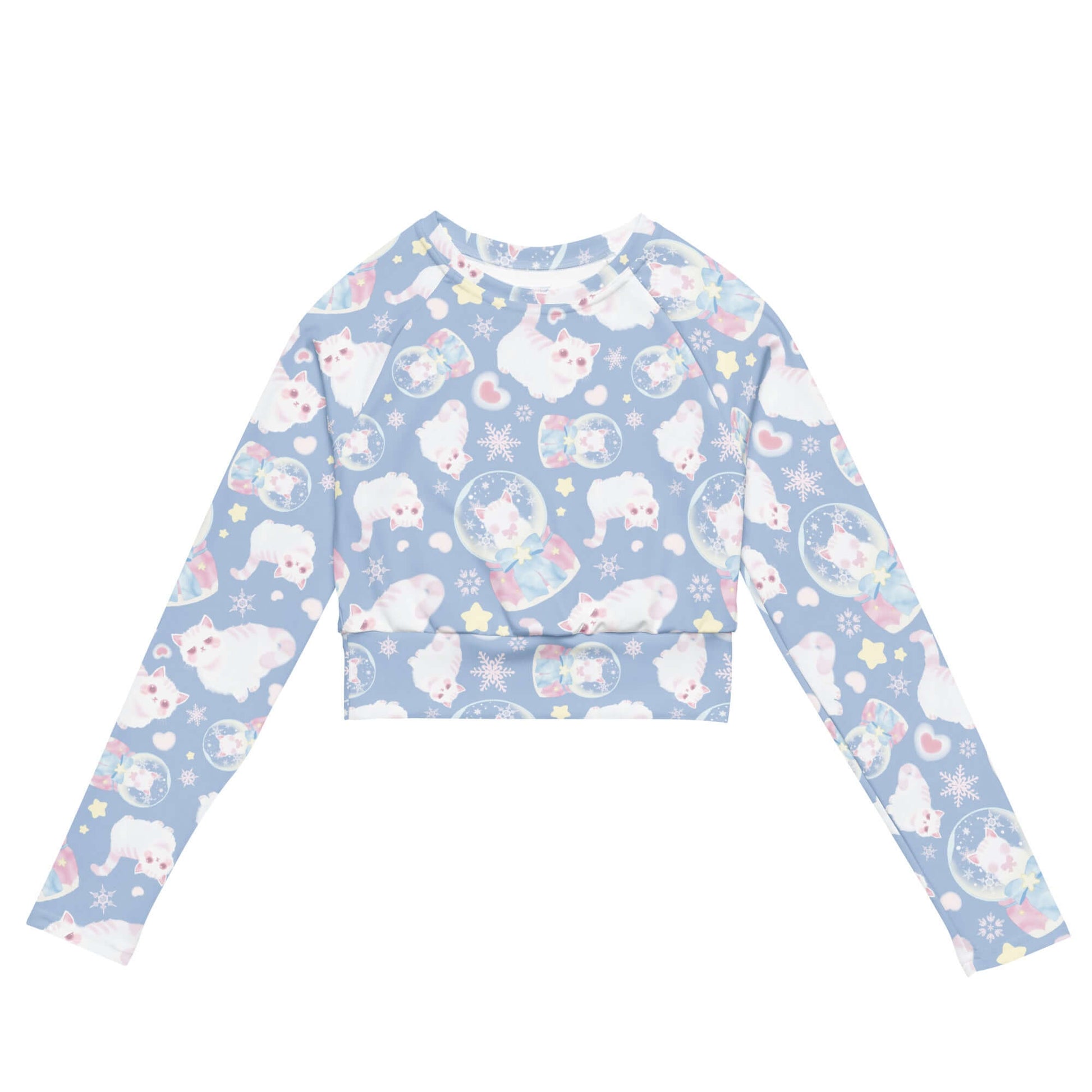 Snow Kitten Long-sleeved Crop Top features a playful design, ideal for eco-friendly athleisure and sports activities.