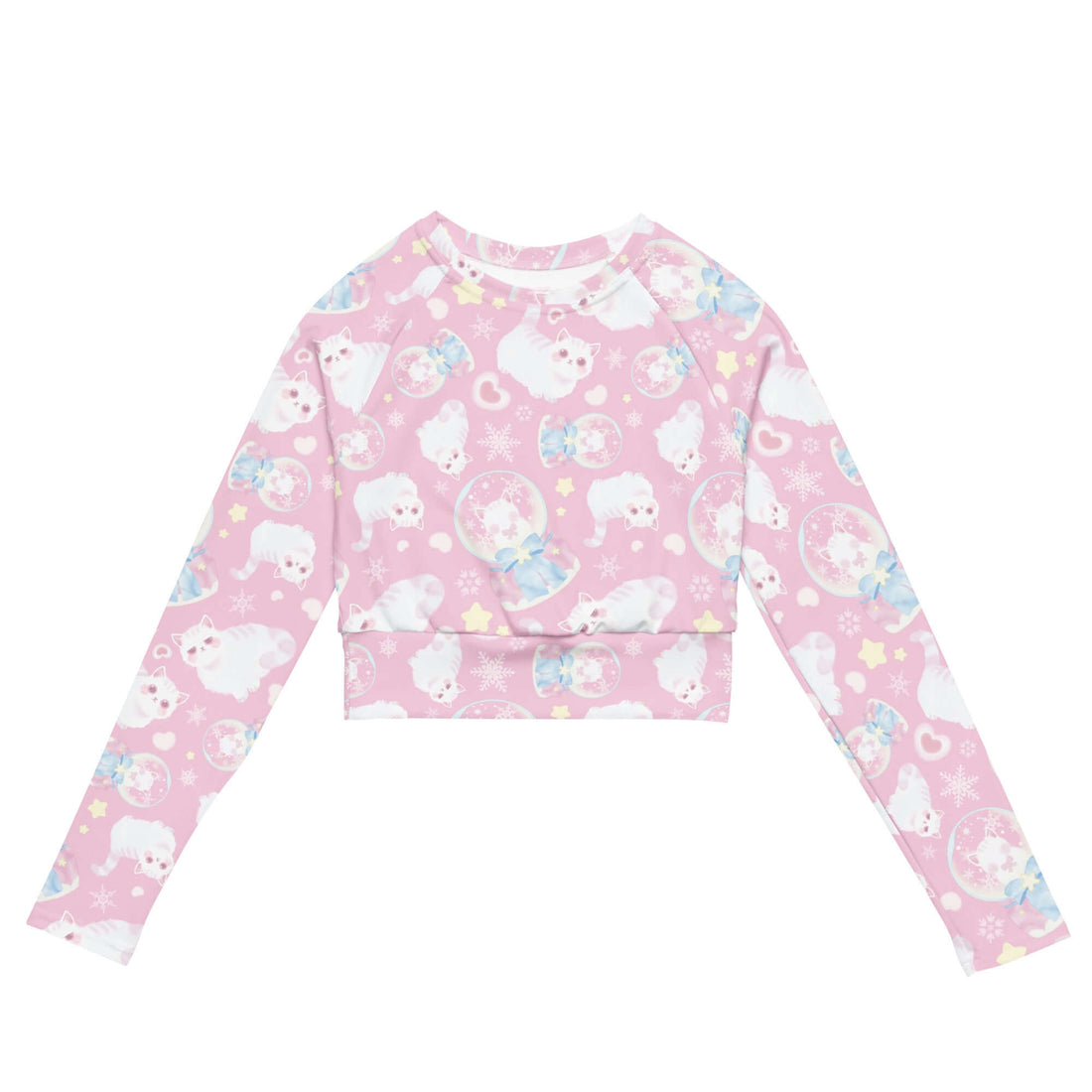 Snow Kitten Long-sleeved Crop Top featuring a cute design, eco-friendly fabric, and comfortable fit for activewear.