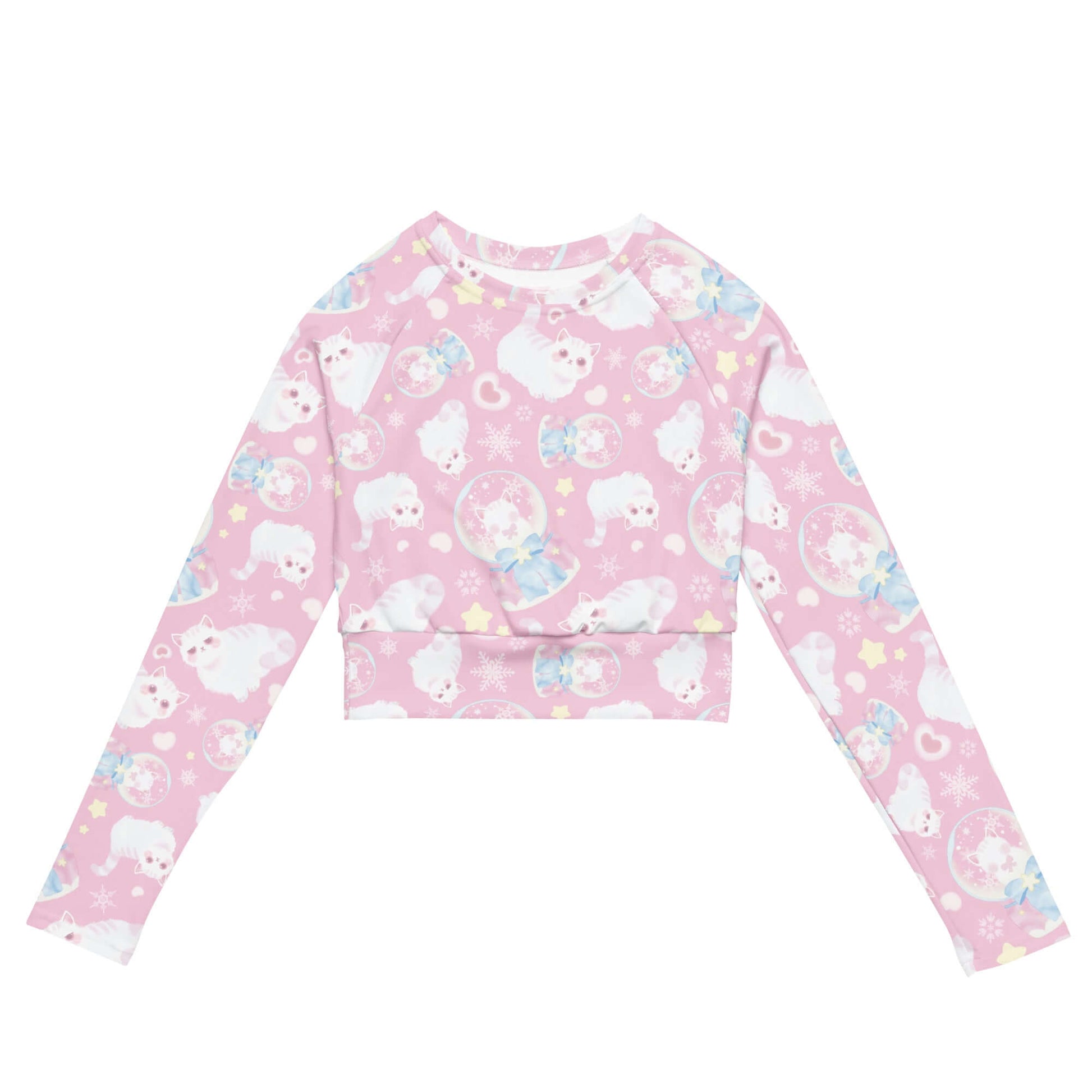 Snow Kitten Long-sleeved Crop Top featuring a cute design, eco-friendly fabric, and comfortable fit for activewear.
