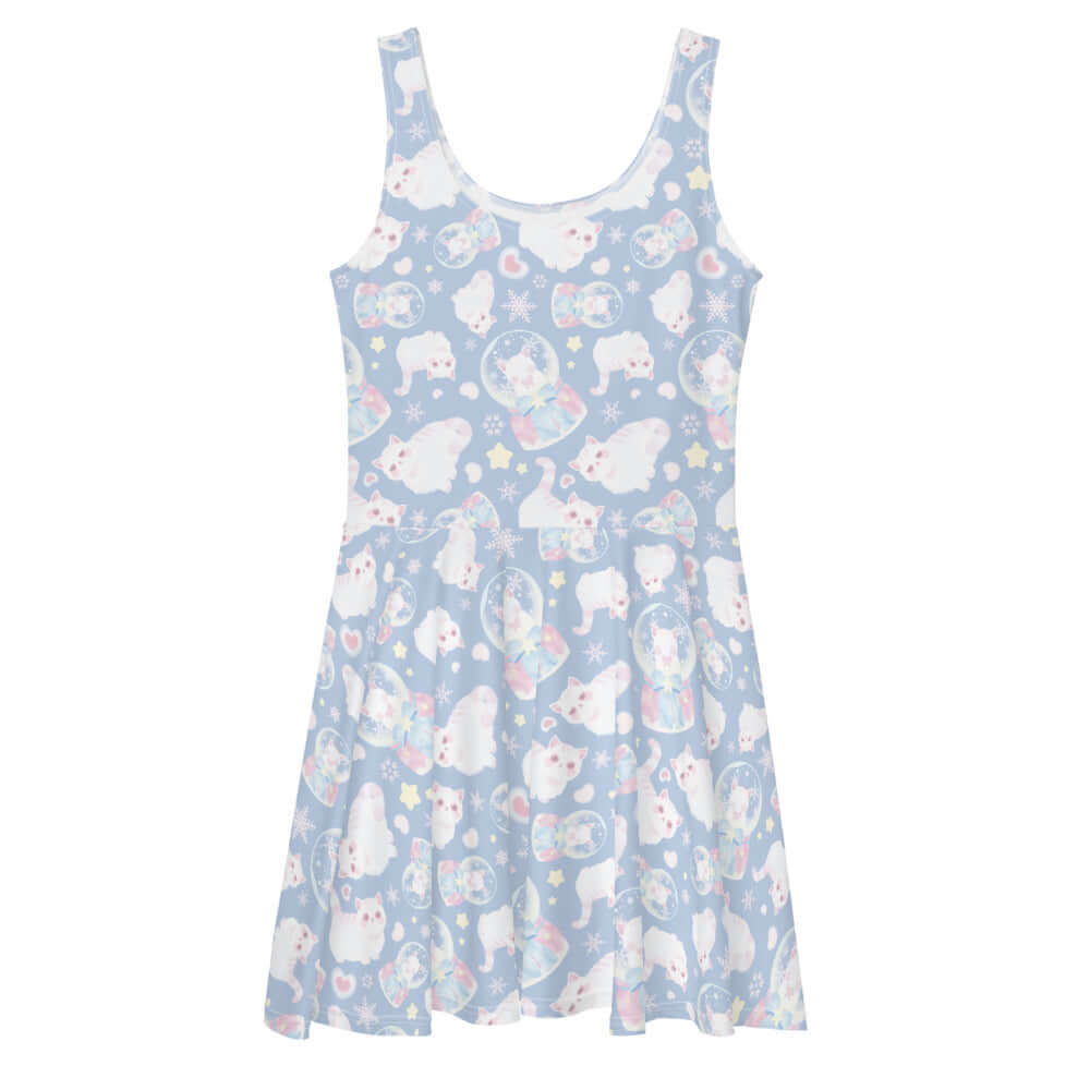 Fluffy kitten patterns adorn the playful Snow Kitten Skater Dress, perfect for any fun-loving wardrobe.