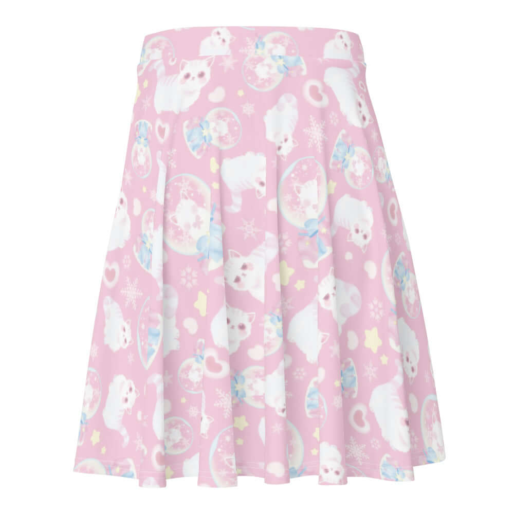 Cute Snow Kitten Skater Skirt with pastel colors, perfect for a feminine outfit or casual wear. Adorable feline design!