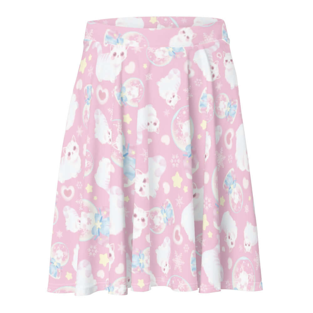 Cute Snow Kitten Skater Skirt featuring playful kittens on a pastel pink background, perfect for any outfit!