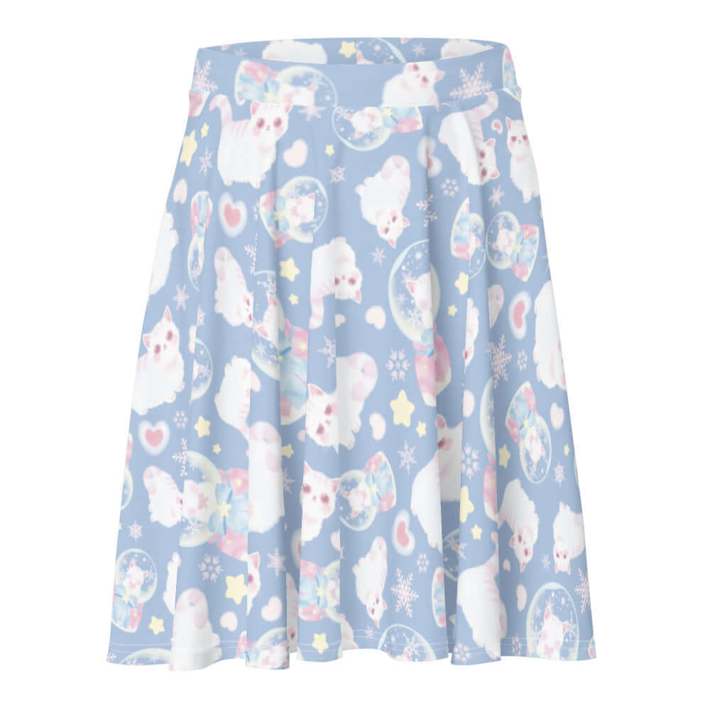 Snow Kitten Skater Skirt features adorable kittens on a pastel blue background, perfect for any cute outfit.